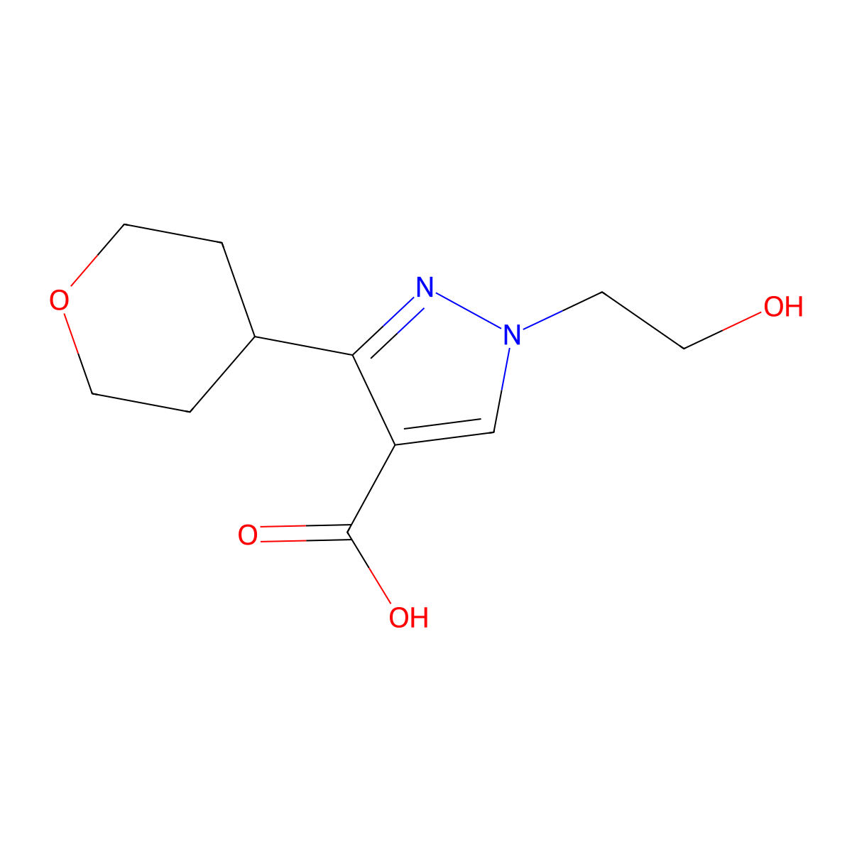 1-(2-hydroxyethyl)-3-(oxan-4-yl)-1H-pyrazole-4-carboxylic acid molecular structure, CAS 2201200-17-9