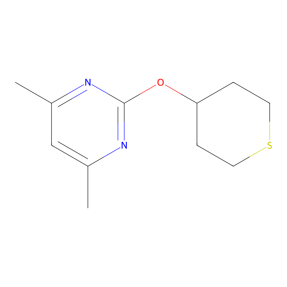 4,6-Dimethyl-2-(thian-4-yloxy)pyrimidine molecular structure, CAS 2201203-23-6
