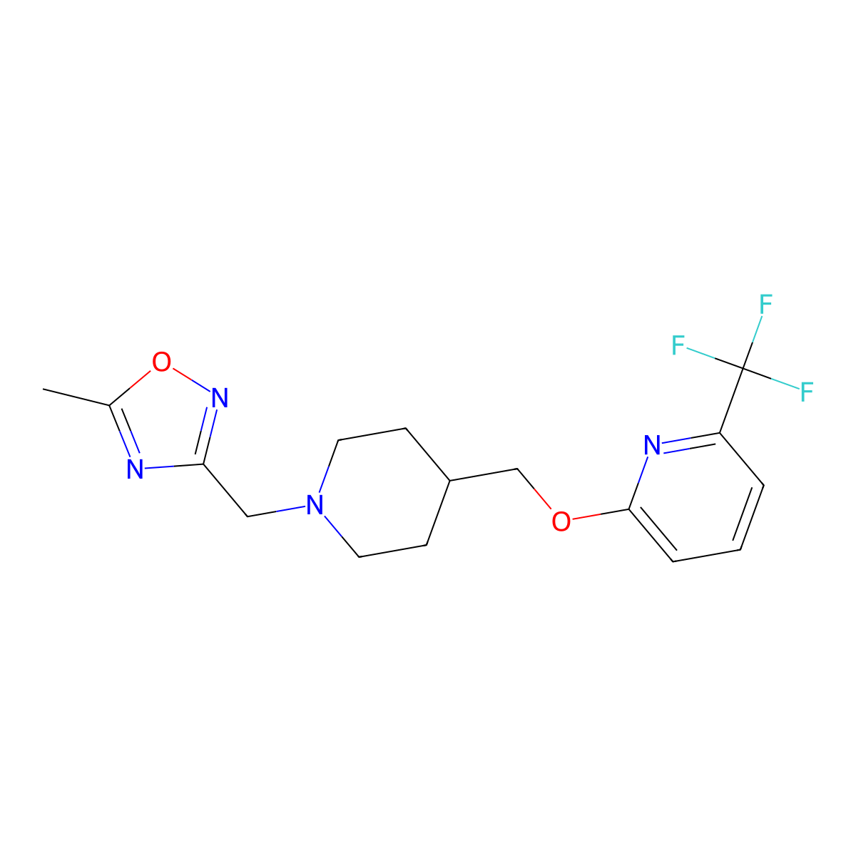 2-({1-[(5-Methyl-1,2,4-oxadiazol-3-yl)methyl]piperidin-4-yl}methoxy)-6-(trifluoromethyl)pyridine molecular structure, CAS 2201246-27-5