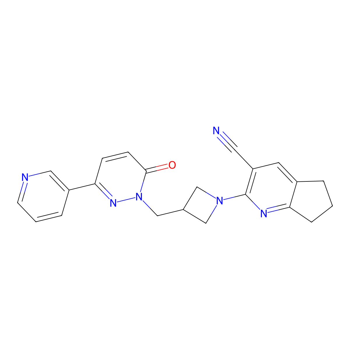 2-(3-{[6-oxo-3-(pyridin-3-yl)-1,6-dihydropyridazin-1-yl]methyl}azetidin-1-yl)-5H,6H,7H-cyclopenta[b]pyridine-3-carbonitrile molecular structure, CAS 2201249-33-2
