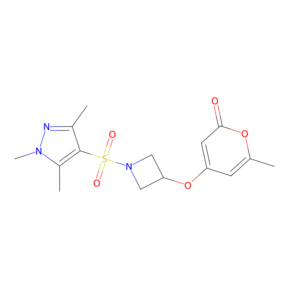 6-methyl-4-({1-[(1,3,5-trimethyl-1H-pyrazol-4-yl)sulfonyl]azetidin-3-yl}oxy)-2H-pyran-2-one molecular structure, CAS 2201252-01-7