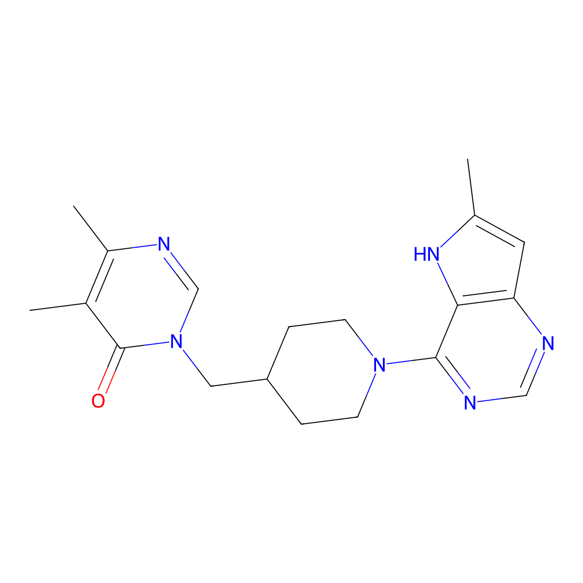 5,6-dimethyl-3-[(1-{6-methyl-5H-pyrrolo[3,2-d]pyrimidin-4-yl}piperidin-4-yl)methyl]-3,4-dihydropyrimidin-4-one molecular structure, CAS 2201316-68-7