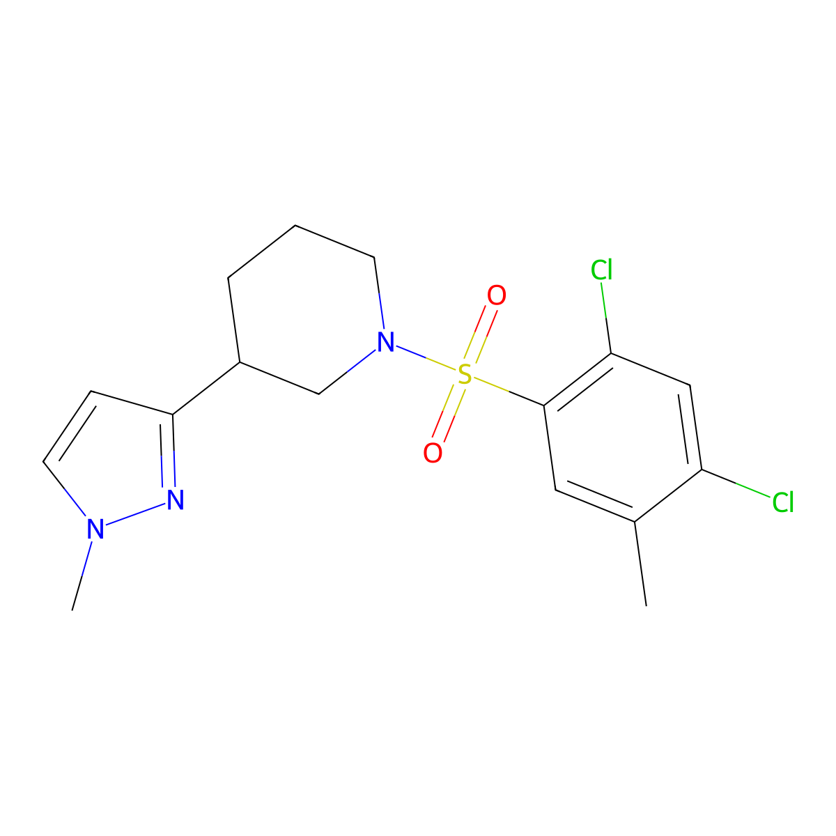1-((2,4-dichloro-5-methylphenyl)sulfonyl)-3-(1-methyl-1H-pyrazol-3-yl)piperidine molecular structure, CAS 2201325-97-3