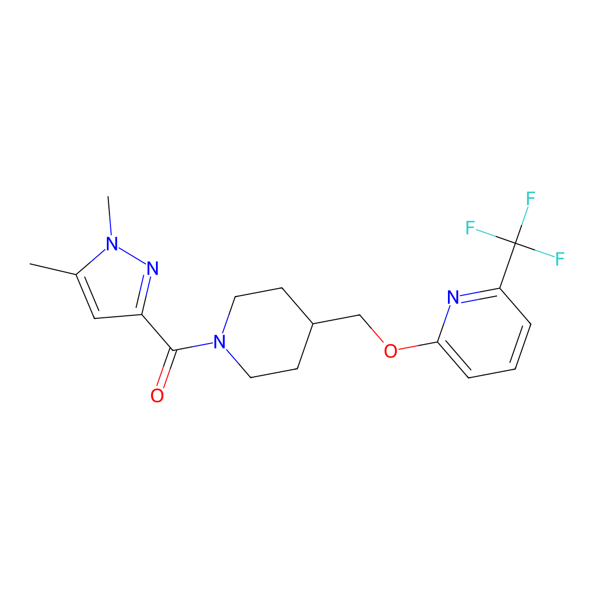2-{[1-(1,5-dimethyl-1H-pyrazole-3-carbonyl)piperidin-4-yl]methoxy}-6-(trifluoromethyl)pyridine molecular structure, CAS 2201329-60-2