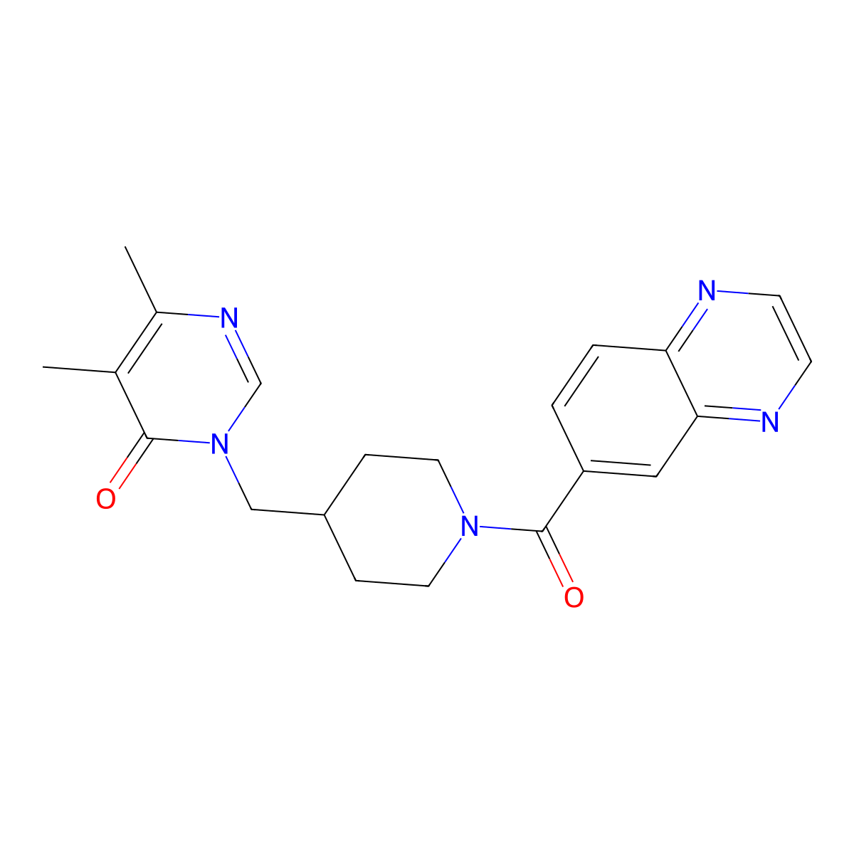 5,6-Dimethyl-3-{[1-(quinoxaline-6-carbonyl)piperidin-4-yl]methyl}-3,4-dihydropyrimidin-4-one molecular structure, CAS 2201357-35-7