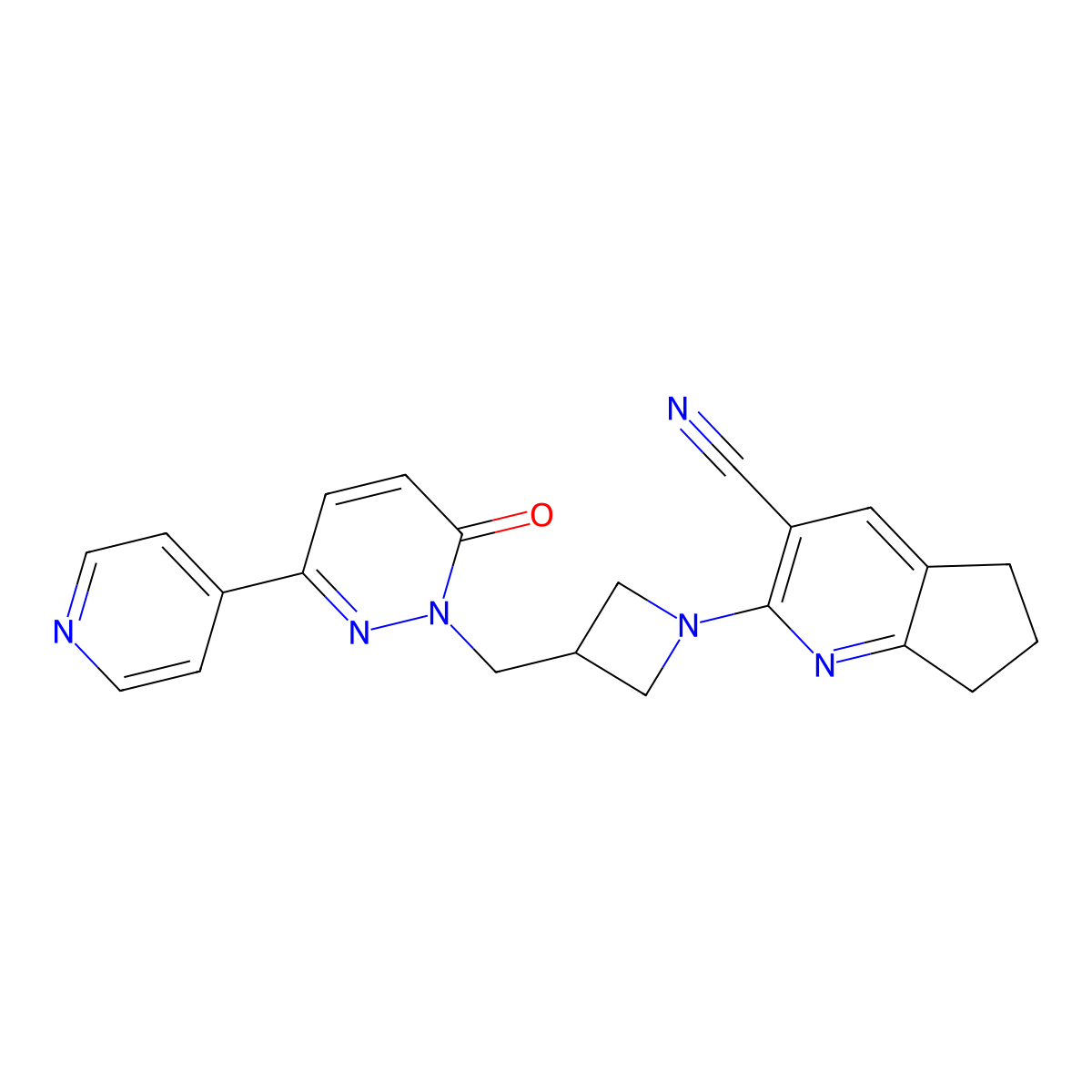 2-(3-{[6-oxo-3-(pyridin-4-yl)-1,6-dihydropyridazin-1-yl]methyl}azetidin-1-yl)-5H,6H,7H-cyclopenta[b]pyridine-3-carbonitrile molecular structure, CAS 2201363-85-9