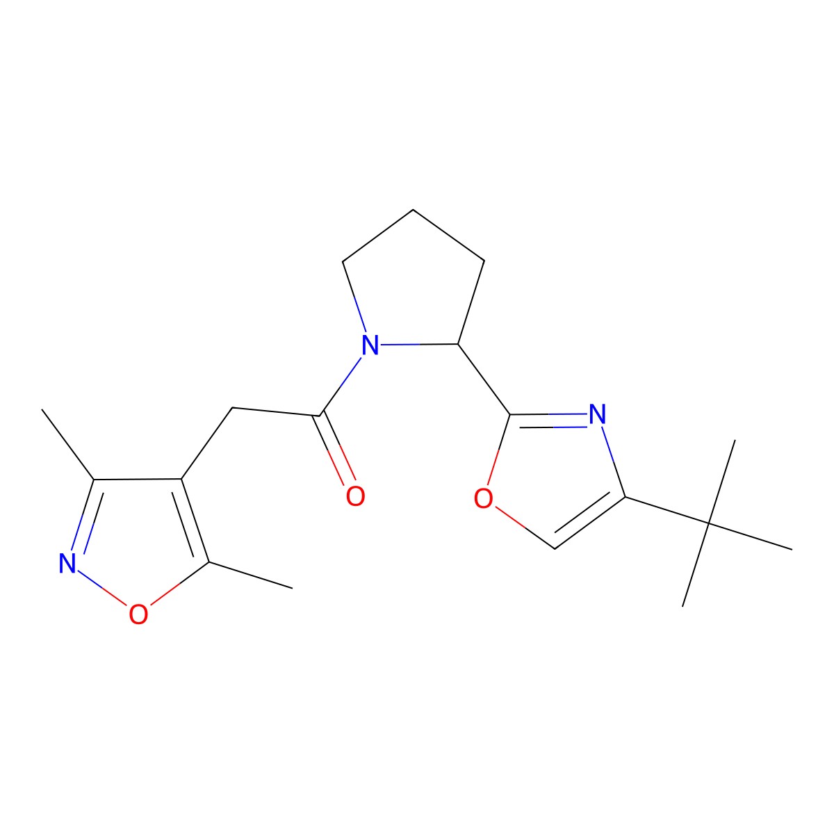 1-[2-(4-Tert-butyl-1,3-oxazol-2-yl)pyrrolidin-1-yl]-2-(3,5-dimethyl-1,2-oxazol-4-yl)ethan-1-one molecular structure, CAS 2201393-22-6