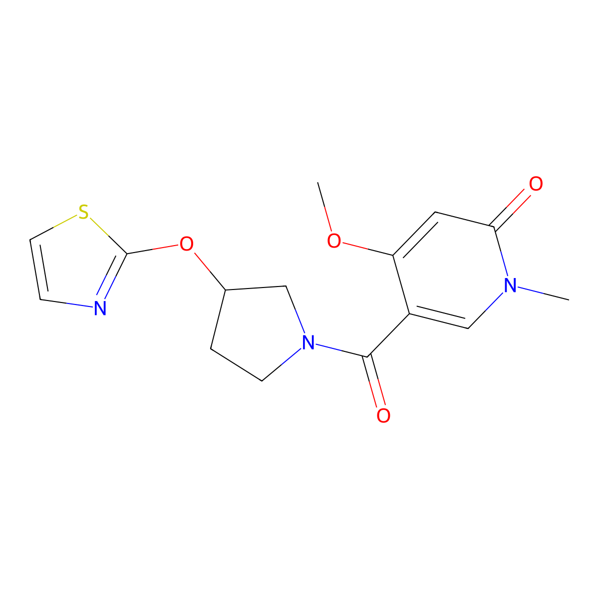 4-Methoxy-1-methyl-5-[3-(1,3-thiazol-2-yloxy)pyrrolidine-1-carbonyl]-1,2-dihydropyridin-2-one molecular structure, CAS 2201394-68-3
