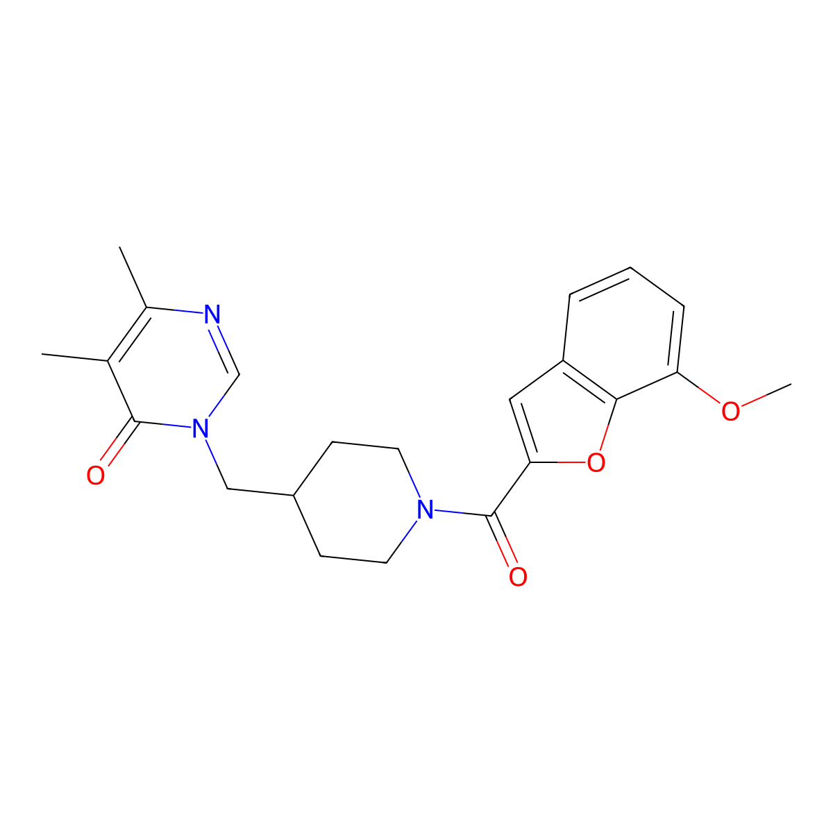 3-{[1-(7-Methoxy-1-benzofuran-2-carbonyl)piperidin-4-yl]methyl}-5,6-dimethyl-3,4-dihydropyrimidin-4-one molecular structure, CAS 2201428-22-8