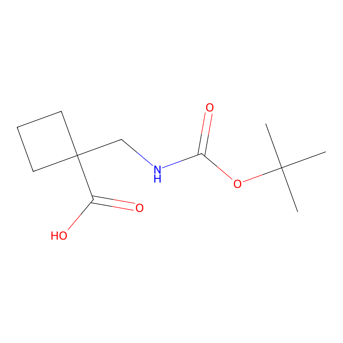 1-((((Tert-butoxy)carbonyl)amino)methyl)cyclobutane-1-carboxylic acid molecular structure, CAS 220145-21-1