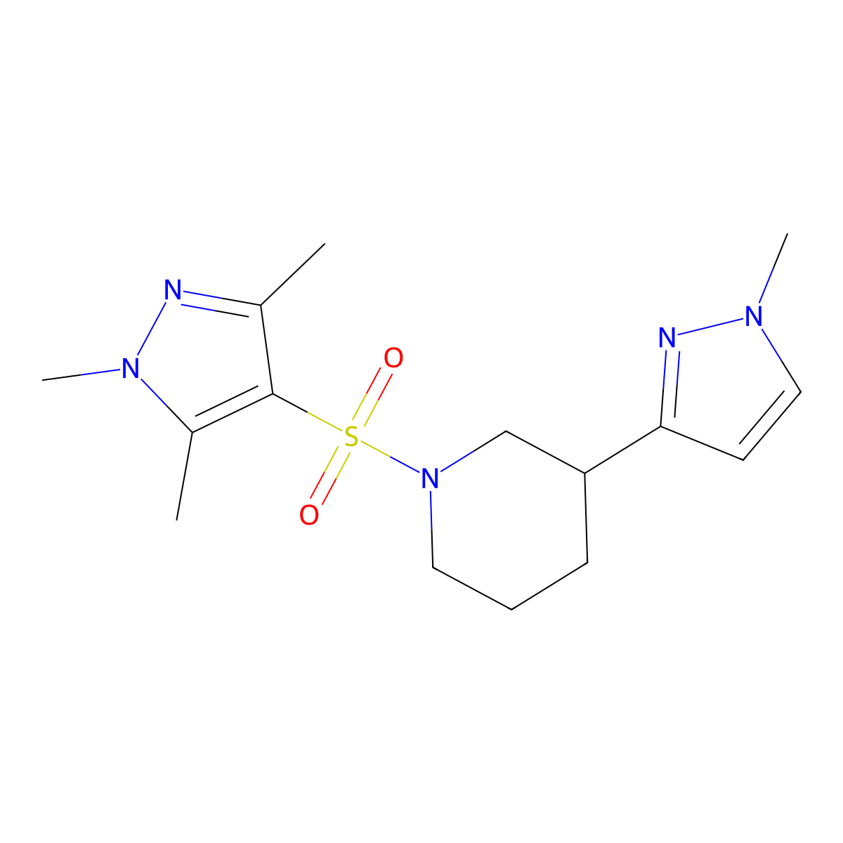 3-(1-methyl-1H-pyrazol-3-yl)-1-[(1,3,5-trimethyl-1H-pyrazol-4-yl)sulfonyl]piperidine molecular structure, CAS 2201478-45-5