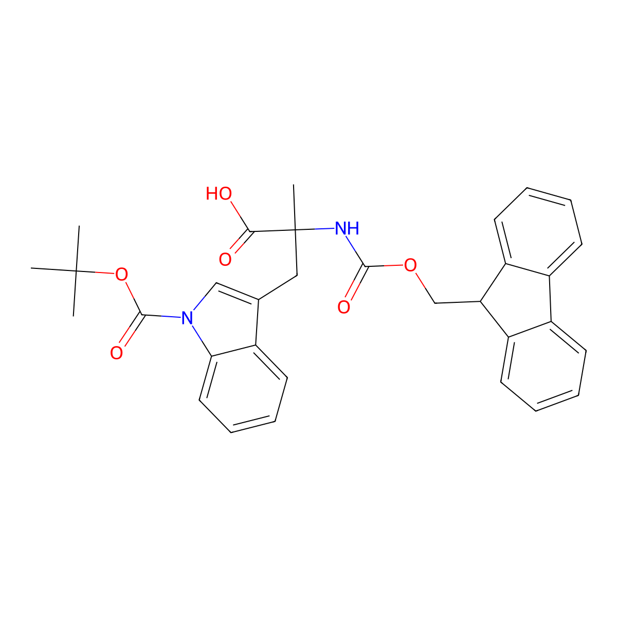 (R)-2-((((9H-fluoren-9-yl)methoxy)carbonyl)amino)-3-(1-(tert-butoxycarbonyl)-1H-indol-3-yl)-2-methylpropanoic acid molecular structure, CAS 220155-72-6