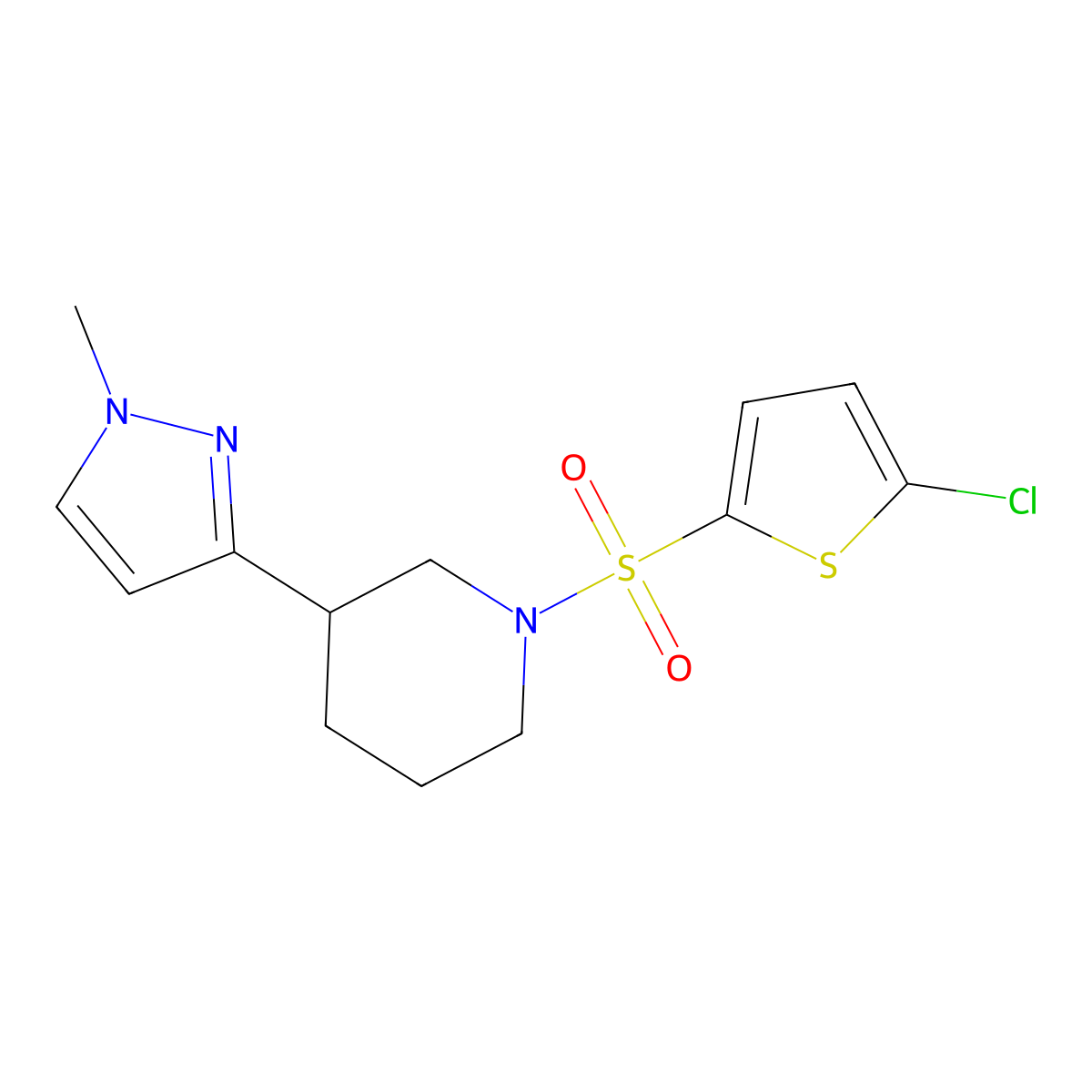 1-[(5-chlorothiophen-2-yl)sulfonyl]-3-(1-methyl-1H-pyrazol-3-yl)piperidine molecular structure, CAS 2201579-32-8