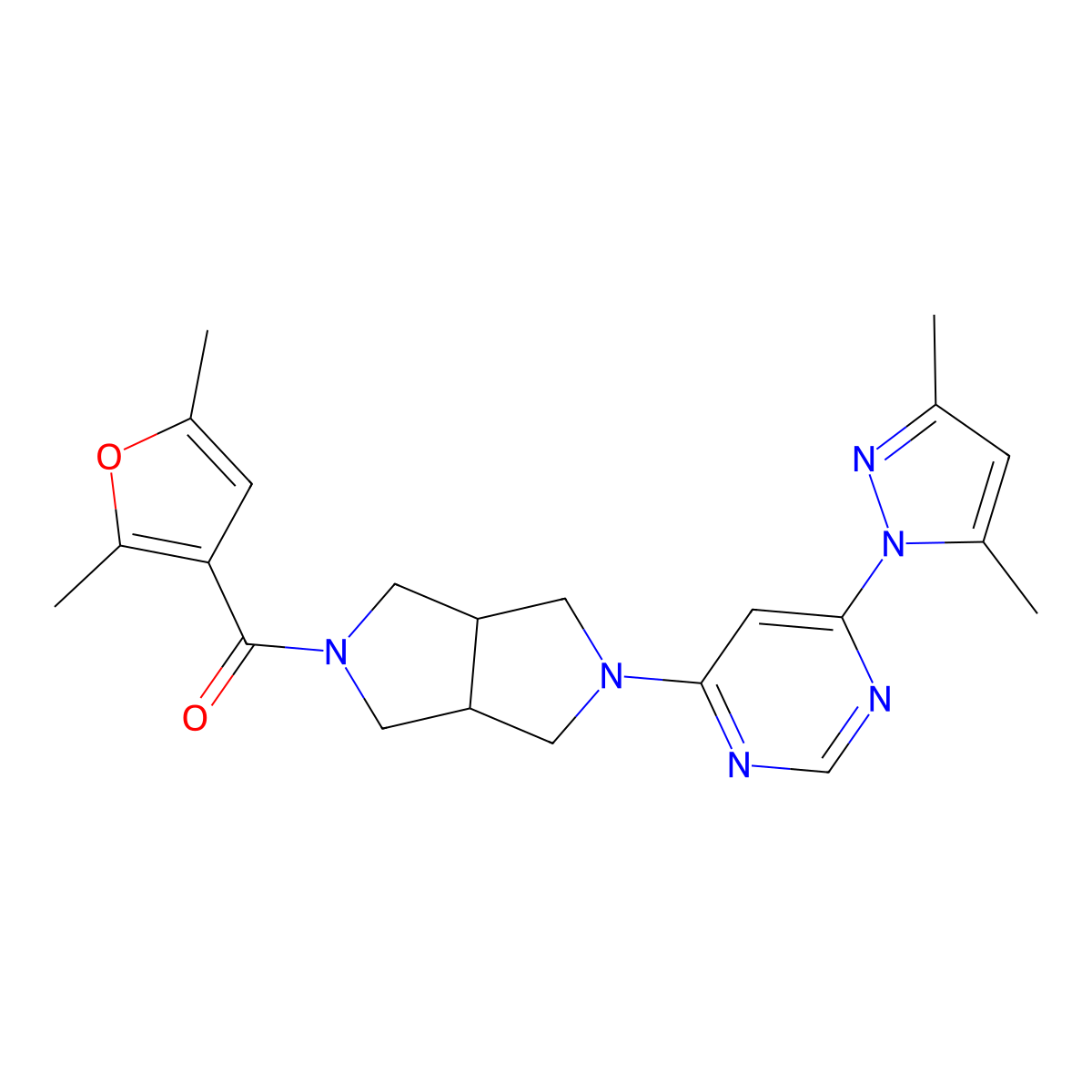 4-(3,5-dimethyl-1H-pyrazol-1-yl)-6-[5-(2,5-dimethylfuran-3-carbonyl)-octahydropyrrolo[3,4-c]pyrrol-2-yl]pyrimidine molecular structure, CAS 2201582-15-0
