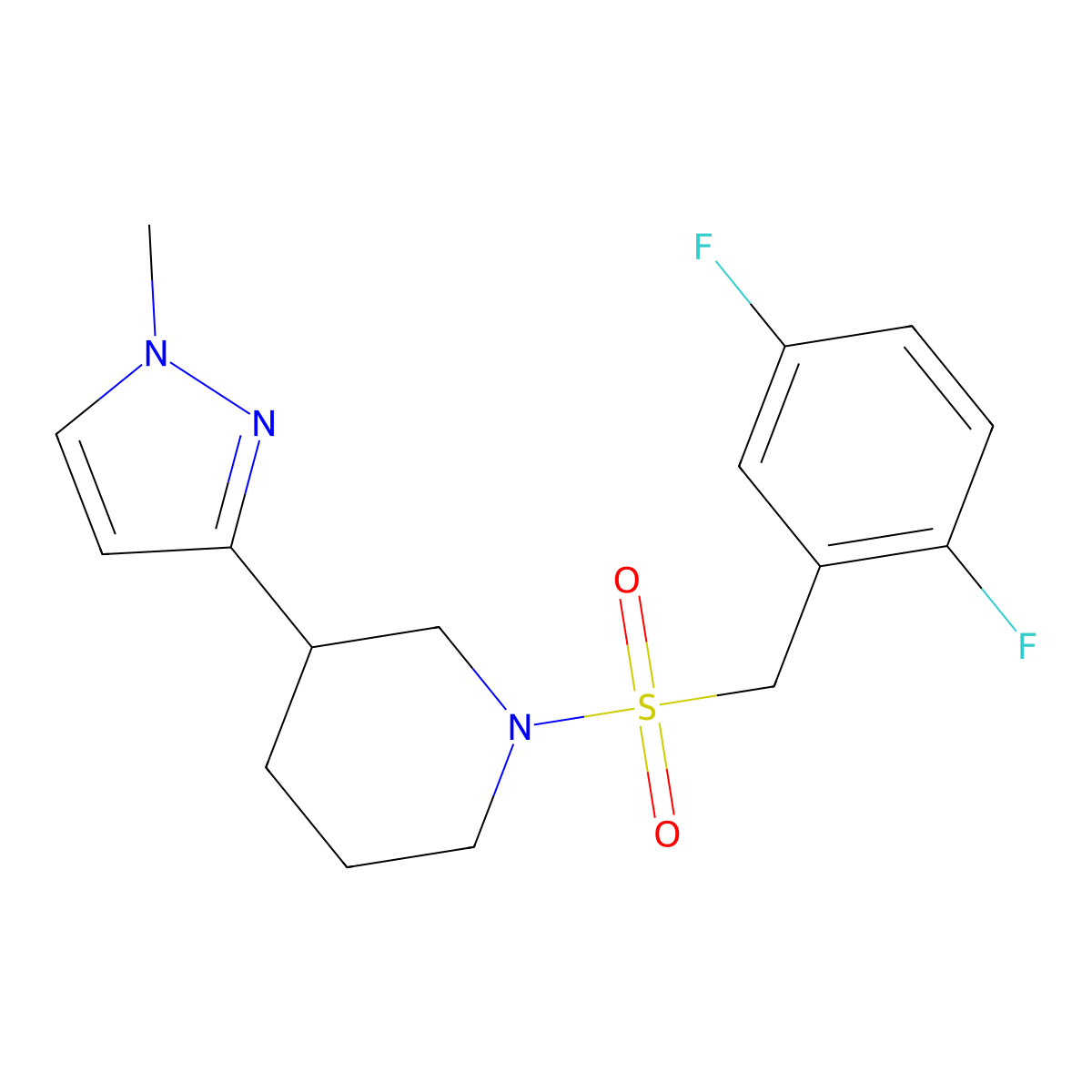 1-((2,5-difluorobenzyl)sulfonyl)-3-(1-methyl-1H-pyrazol-3-yl)piperidine molecular structure, CAS 2201582-18-3