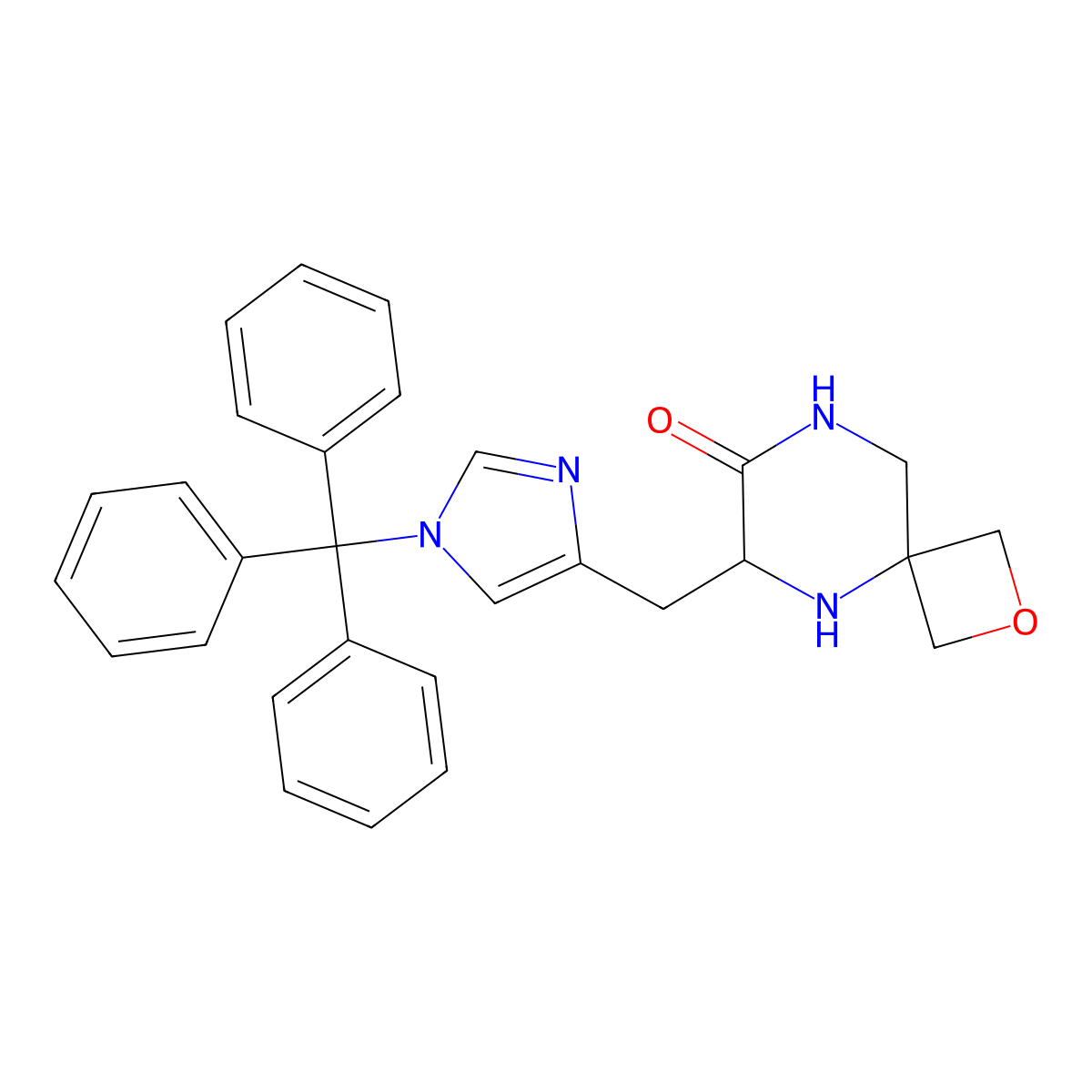 (S)-6-((1-trityl-1H-imidazol-4-yl)methyl)-2-oxa-5,8-diazaspiro[3.5]nonan-7-one molecular structure, CAS 2201584-19-0