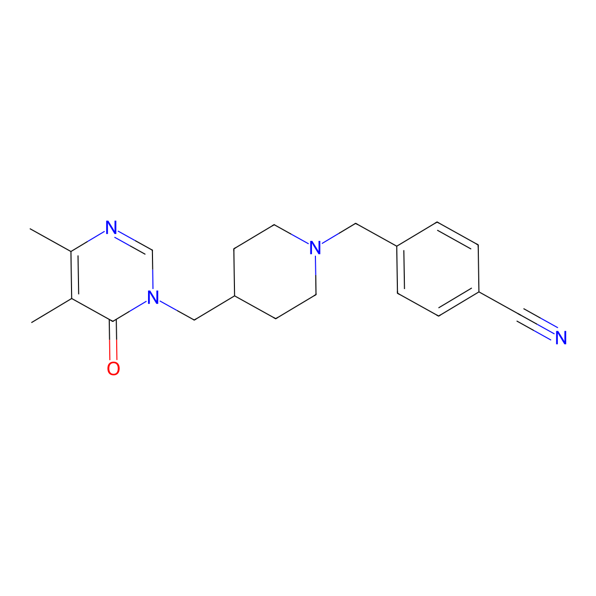 4-({4-[(4,5-Dimethyl-6-oxo-1,6-dihydropyrimidin-1-yl)methyl]piperidin-1-yl}methyl)benzonitrile molecular structure, CAS 2201618-70-2