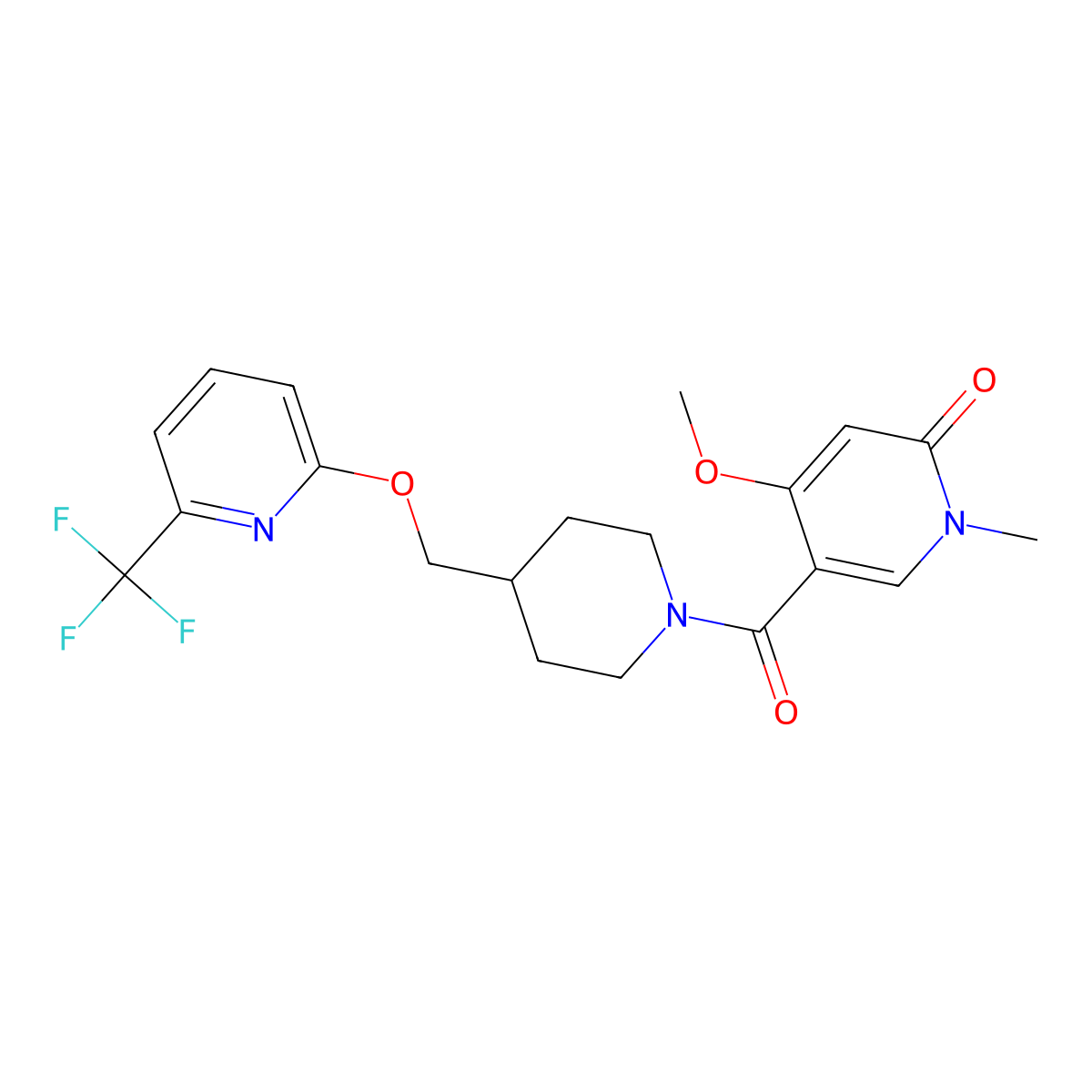 4-Methoxy-1-methyl-5-[4-({[6-(trifluoromethyl)pyridin-2-yl]oxy}methyl)piperidine-1-carbonyl]-1,2-dihydropyridin-2-one molecular structure, CAS 2201620-74-6