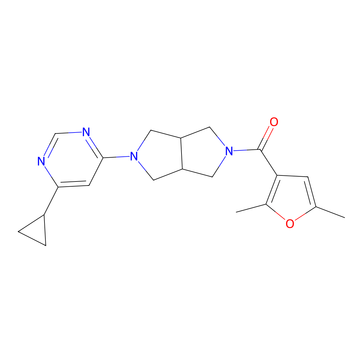 4-Cyclopropyl-6-[5-(2,5-dimethylfuran-3-carbonyl)-octahydropyrrolo[3,4-c]pyrrol-2-yl]pyrimidine molecular structure, CAS 2201620-89-3