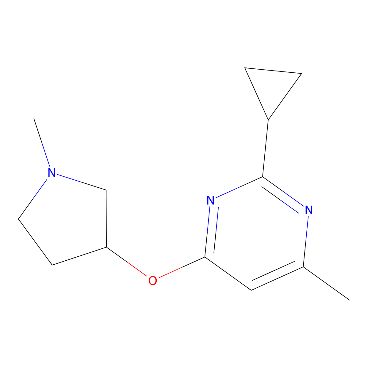 2-Cyclopropyl-4-methyl-6-[(1-methylpyrrolidin-3-yl)oxy]pyrimidine molecular structure, CAS 2201692-10-4