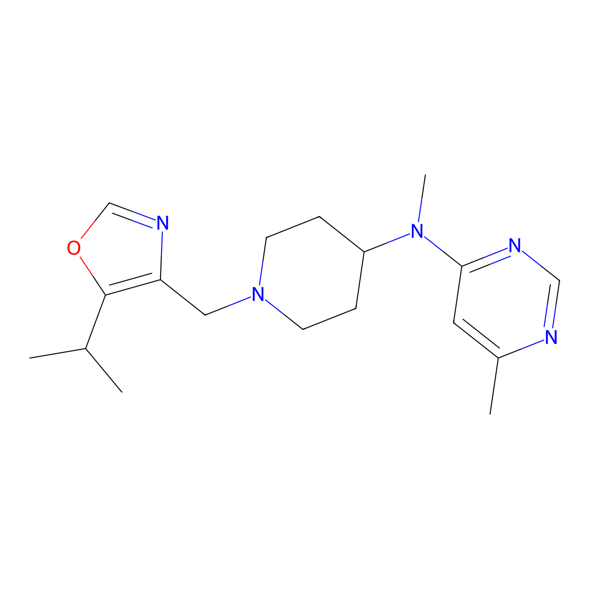 N,6-dimethyl-N-(1-{[5-(propan-2-yl)-1,3-oxazol-4-yl]methyl}piperidin-4-yl)pyrimidin-4-amine molecular structure, CAS 2201695-99-8