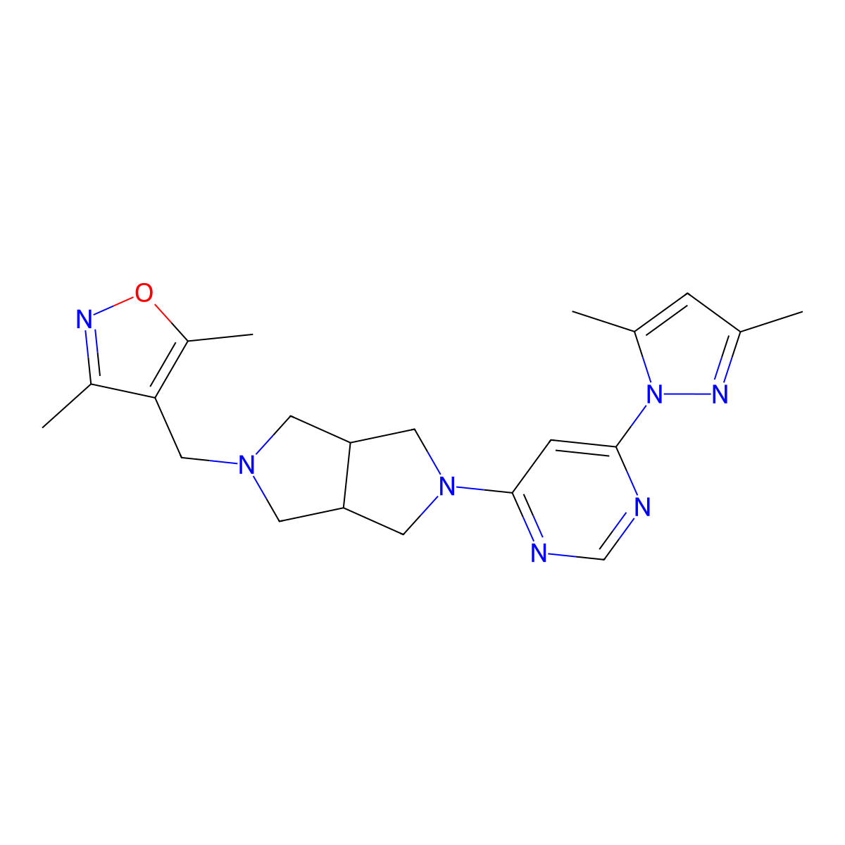 4-{5-[(3,5-dimethyl-1,2-oxazol-4-yl)methyl]-octahydropyrrolo[3,4-c]pyrrol-2-yl}-6-(3,5-dimethyl-1H-pyrazol-1-yl)pyrimidine molecular structure, CAS 2201702-07-8
