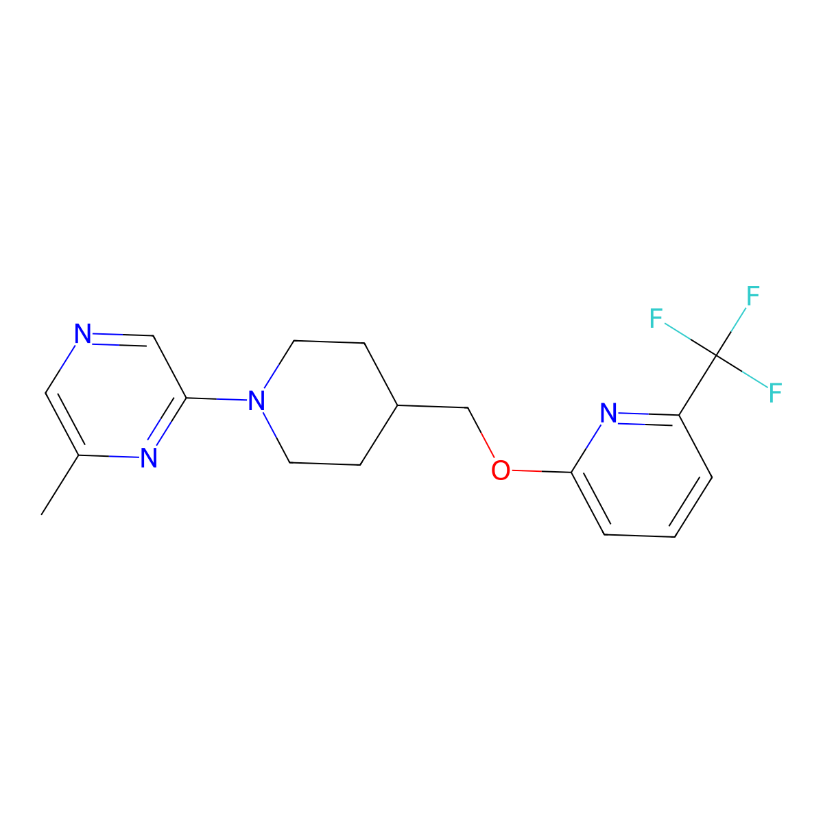 2-Methyl-6-[4-({[6-(trifluoromethyl)pyridin-2-yl]oxy}methyl)piperidin-1-yl]pyrazine molecular structure, CAS 2201706-49-0