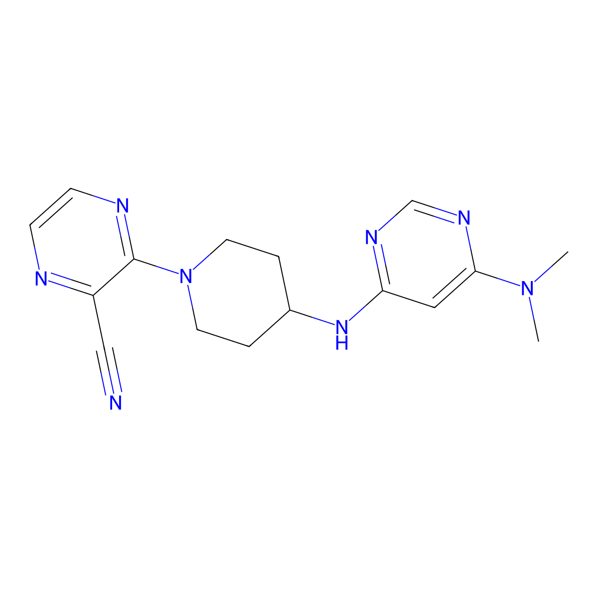 3-(4-{[6-(Dimethylamino)pyrimidin-4-yl]amino}piperidin-1-yl)pyrazine-2-carbonitrile molecular structure, CAS 2201733-04-0