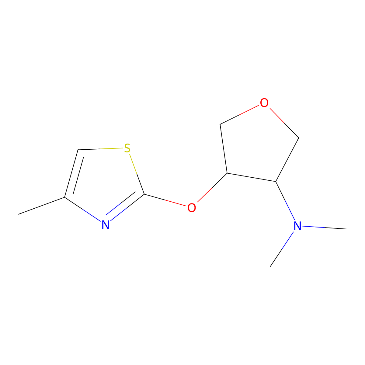 N,N-dimethyl-4-[(4-methyl-1,3-thiazol-2-yl)oxy]oxolan-3-amine molecular structure, CAS 2201737-25-7