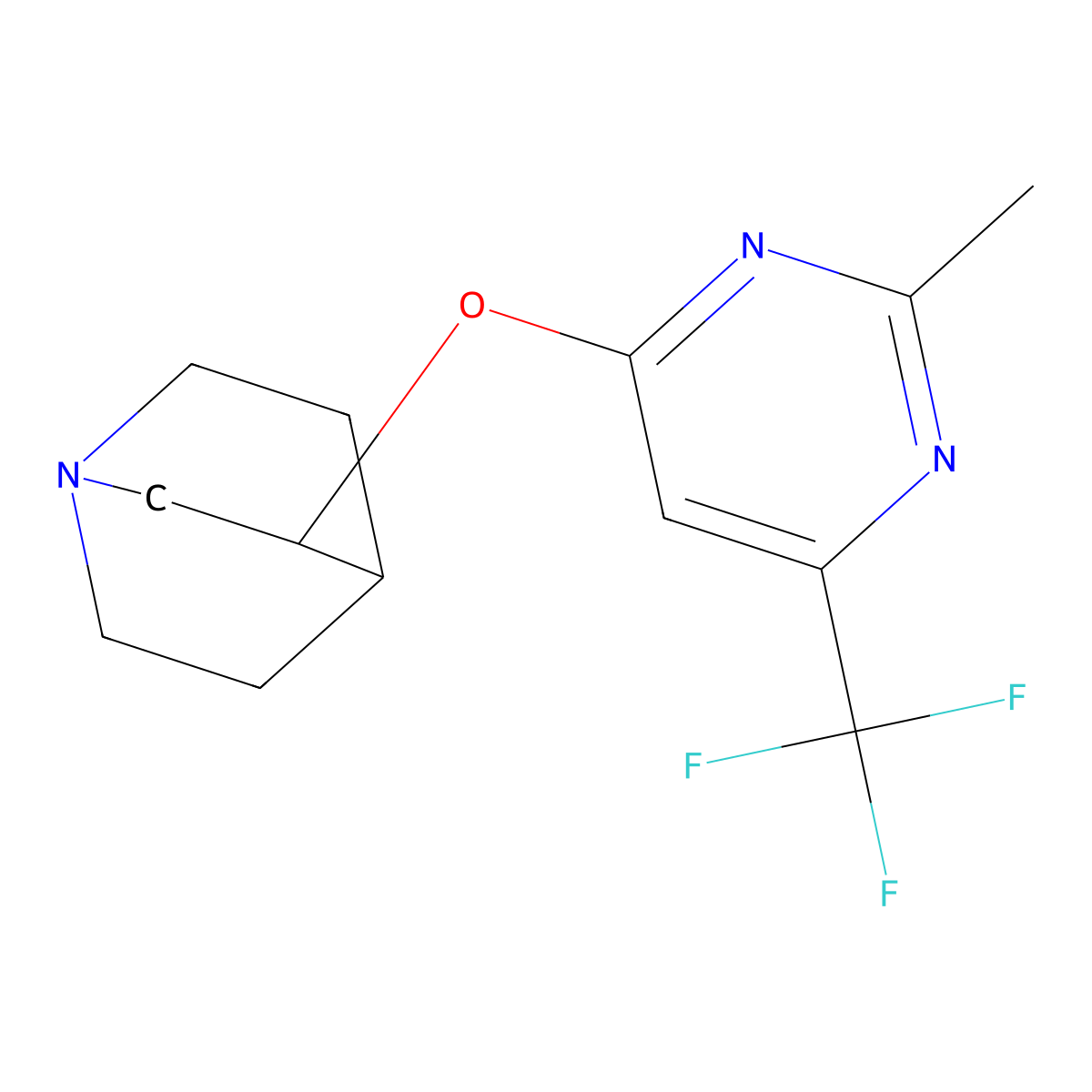3-{[2-Methyl-6-(trifluoromethyl)pyrimidin-4-yl]oxy}-1-azabicyclo[2.2.2]octane molecular structure, CAS 2201739-00-4