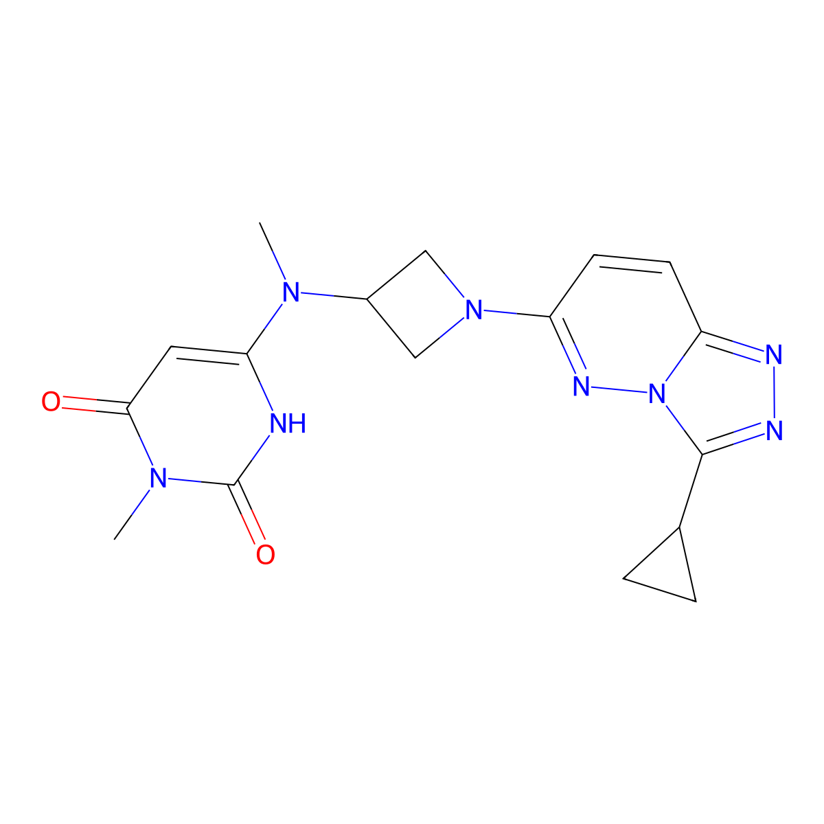 6-[(1-{3-Cyclopropyl-[1,2,4]triazolo[4,3-b]pyridazin-6-yl}azetidin-3-yl)(methyl)amino]-3-methyl-1,2,3,4-tetrahydropyrimidine-2,4-dione molecular structure, CAS 2201777-91-3