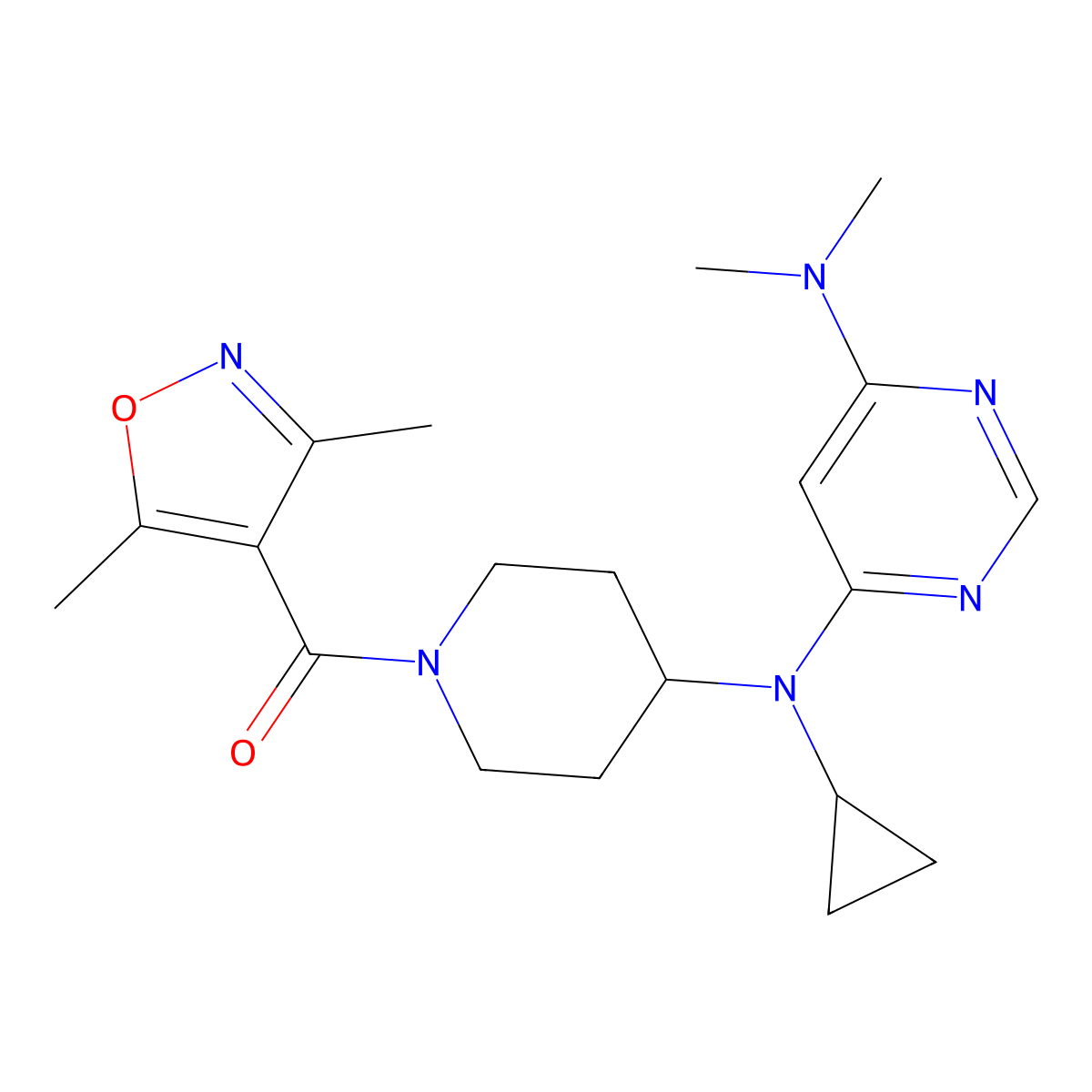 N4-cyclopropyl-N4-[1-(3,5-dimethyl-1,2-oxazole-4-carbonyl)piperidin-4-yl]-N6,N6-dimethylpyrimidine-4,6-diamine molecular structure, CAS 2201780-03-0