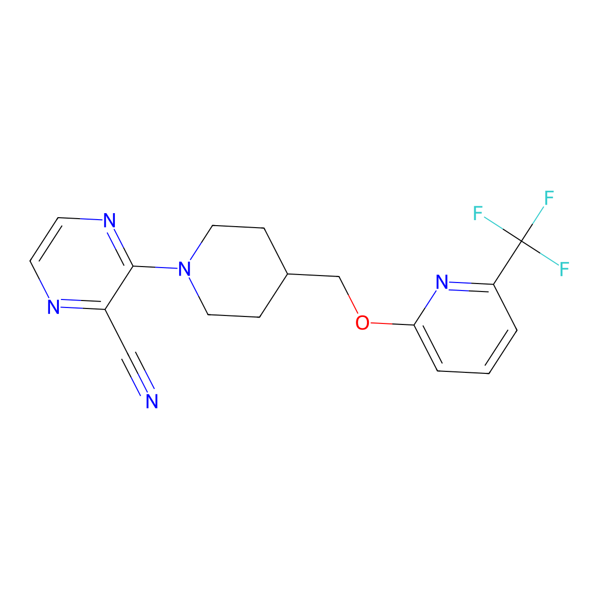 3-[4-({[6-(Trifluoromethyl)pyridin-2-yl]oxy}methyl)piperidin-1-yl]pyrazine-2-carbonitrile molecular structure, CAS 2201782-56-9