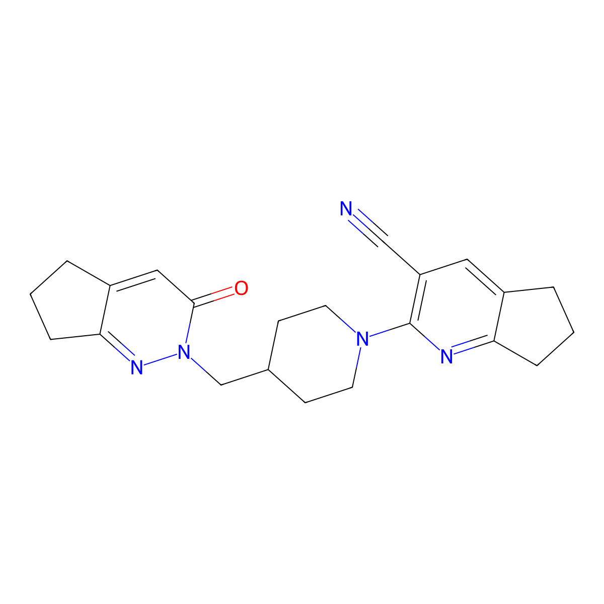 2-[4-({3-oxo-2H,3H,5H,6H,7H-cyclopenta[c]pyridazin-2-yl}methyl)piperidin-1-yl]-5H,6H,7H-cyclopenta[b]pyridine-3-carbonitrile molecular structure, CAS 2201785-21-7