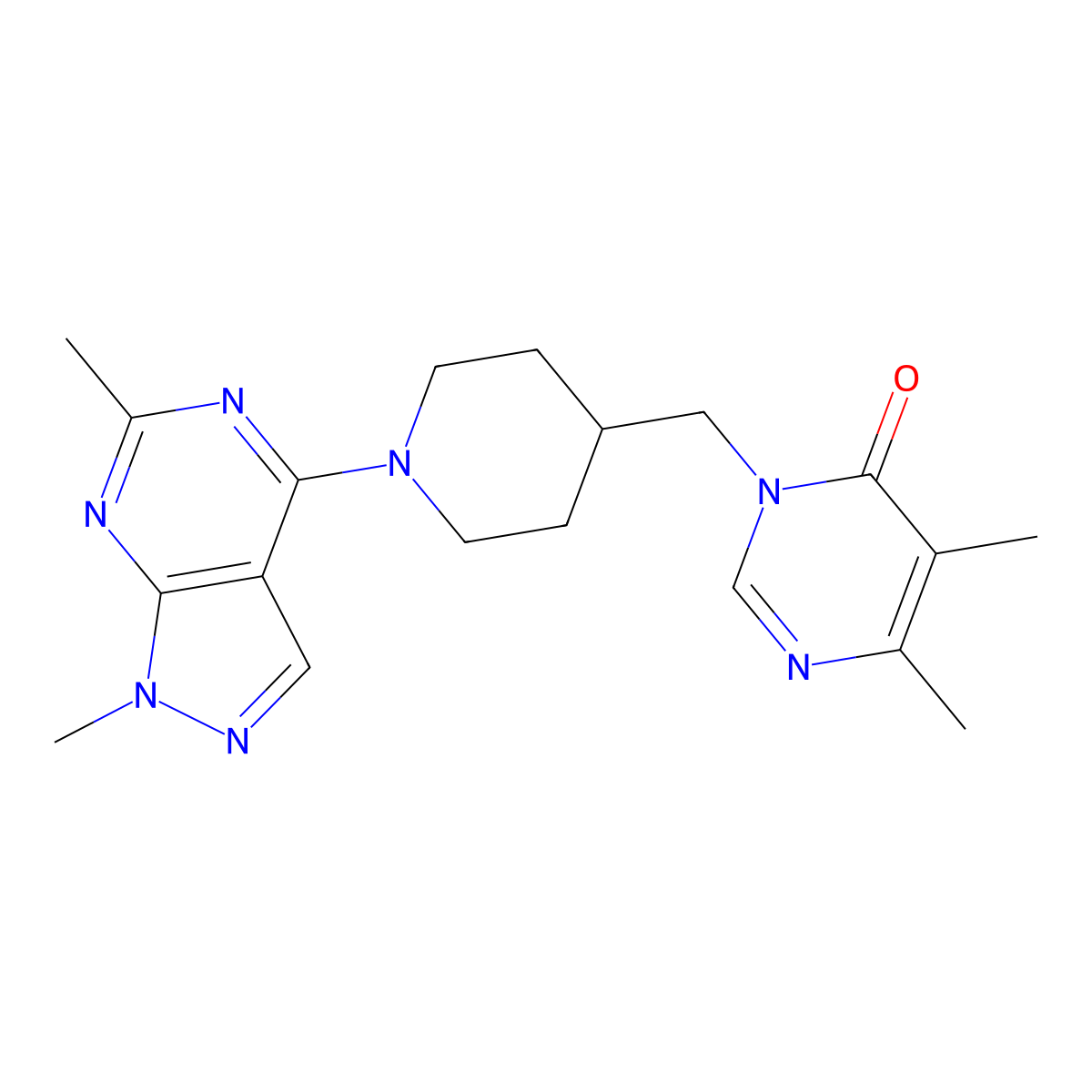 3-[(1-{1,6-dimethyl-1H-pyrazolo[3,4-d]pyrimidin-4-yl}piperidin-4-yl)methyl]-5,6-dimethyl-3,4-dihydropyrimidin-4-one molecular structure, CAS 2201872-65-1