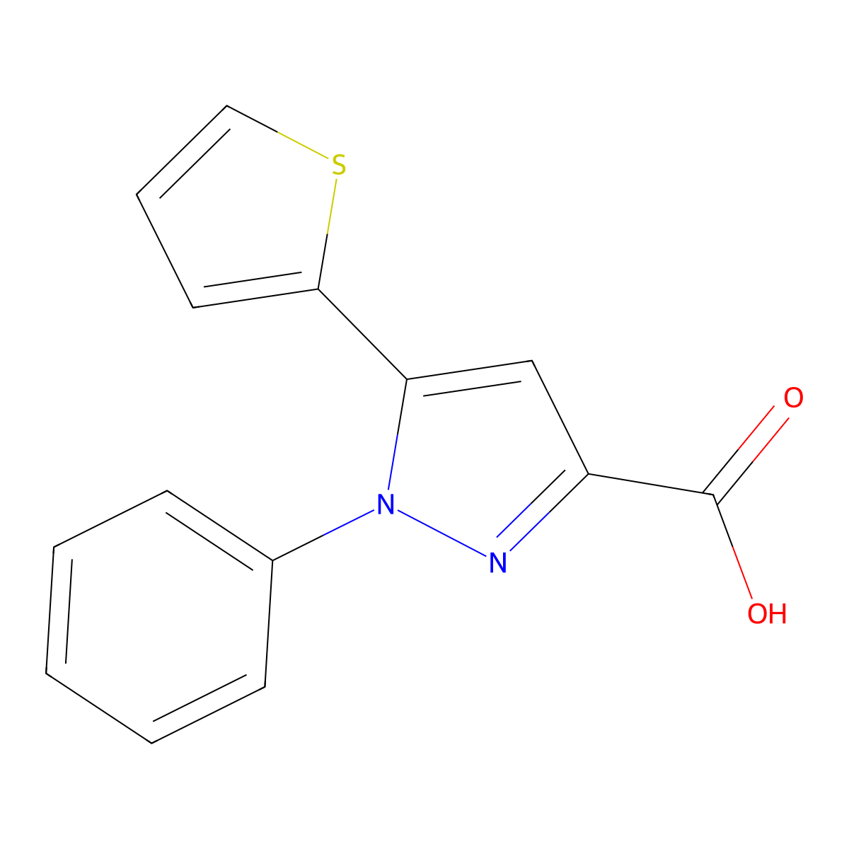 1-phenyl-5-(thiophen-2-yl)-1H-pyrazole-3-carboxylic acid molecular structure, CAS 220192-02-9