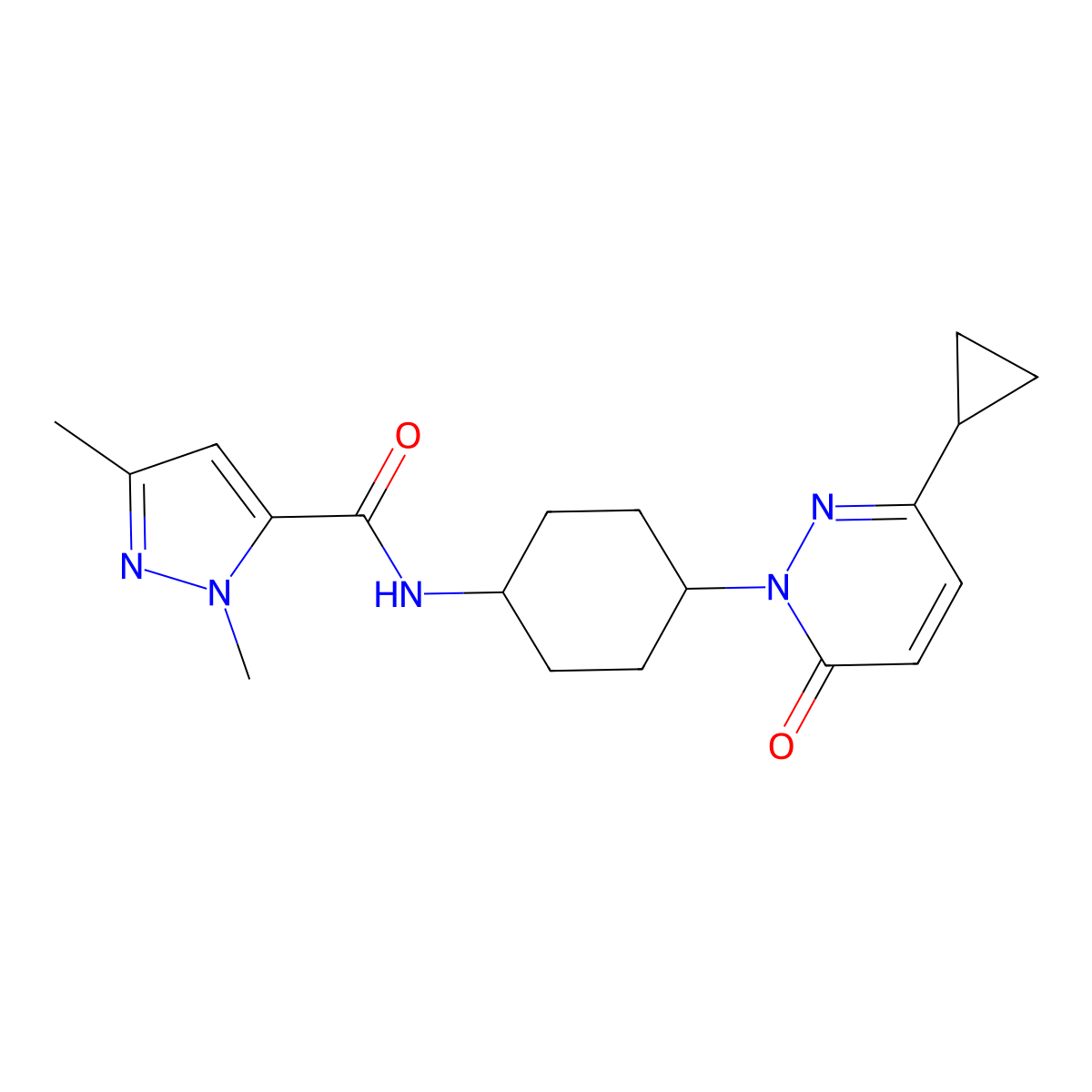 N-[4-(3-cyclopropyl-6-oxo-1,6-dihydropyridazin-1-yl)cyclohexyl]-1,3-dimethyl-1H-pyrazole-5-carboxamide molecular structure, CAS 2201955-82-8