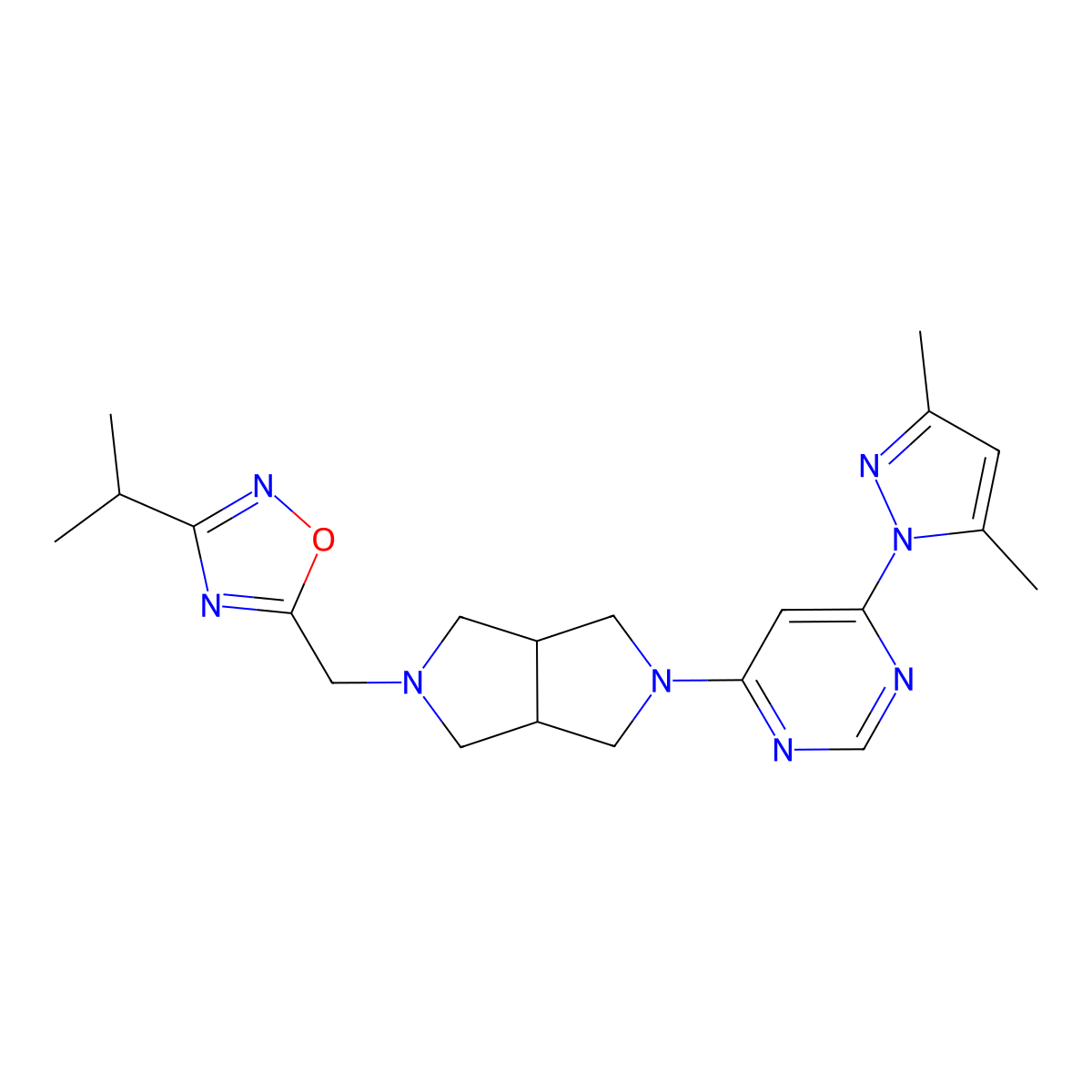 4-(3,5-dimethyl-1H-pyrazol-1-yl)-6-(5-{[3-(propan-2-yl)-1,2,4-oxadiazol-5-yl]methyl}-octahydropyrrolo[3,4-c]pyrrol-2-yl)pyrimidine molecular structure, CAS 2202007-09-6
