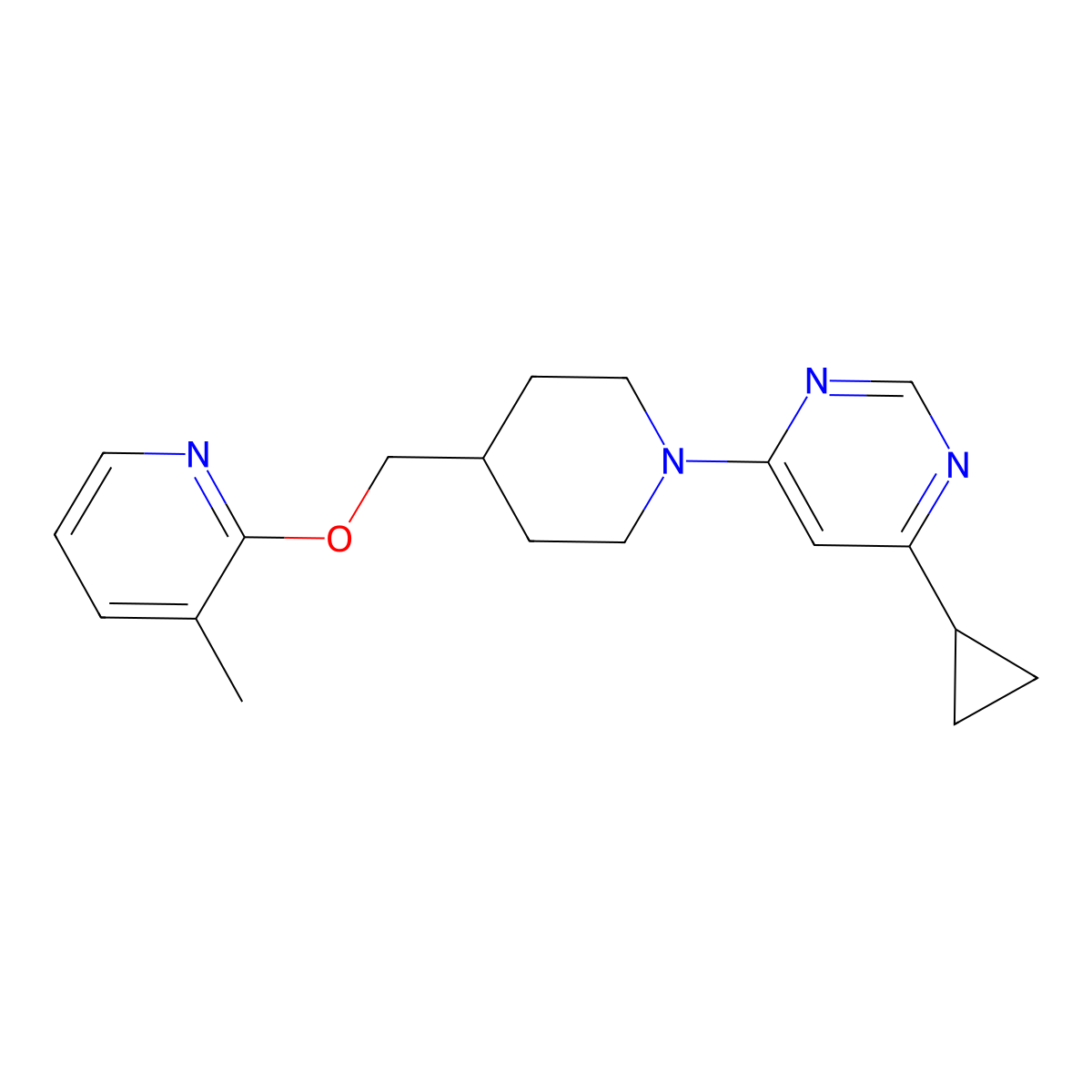 4-Cyclopropyl-6-(4-{[(3-methylpyridin-2-yl)oxy]methyl}piperidin-1-yl)pyrimidine molecular structure, CAS 2202050-08-4