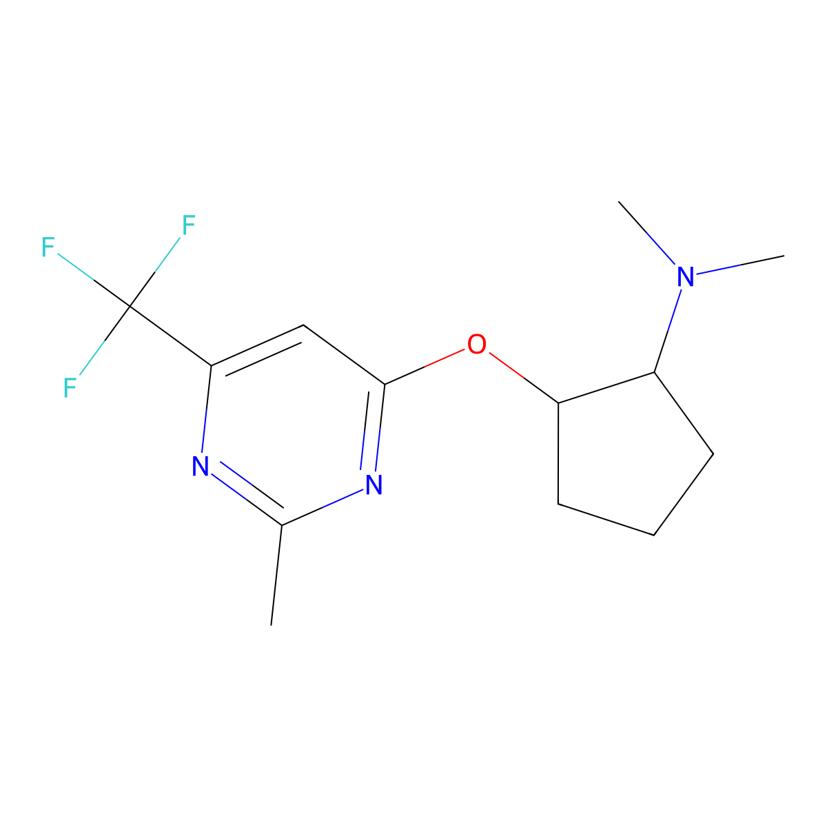 N,N-dimethyl-2-{[2-methyl-6-(trifluoromethyl)pyrimidin-4-yl]oxy}cyclopentan-1-amine molecular structure, CAS 2202080-38-2