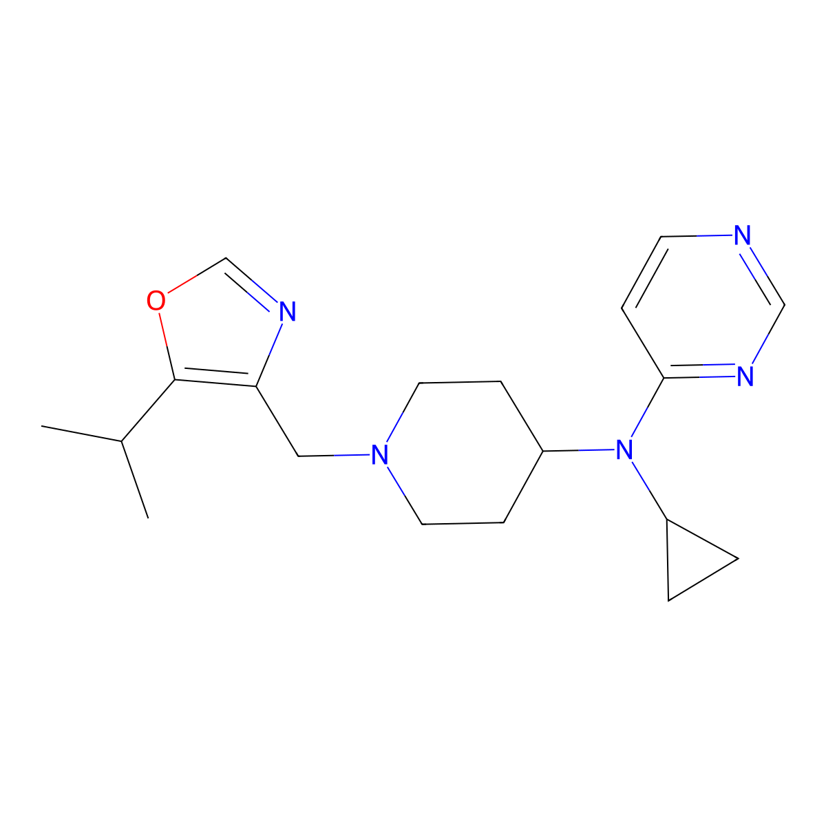 N-cyclopropyl-N-(1-{[5-(propan-2-yl)-1,3-oxazol-4-yl]methyl}piperidin-4-yl)pyrimidin-4-amine molecular structure, CAS 2202081-89-6