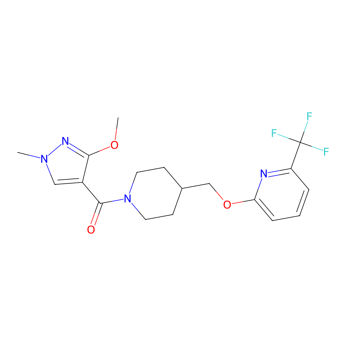 2-{[1-(3-methoxy-1-methyl-1H-pyrazole-4-carbonyl)piperidin-4-yl]methoxy}-6-(trifluoromethyl)pyridine molecular structure, CAS 2202083-70-1