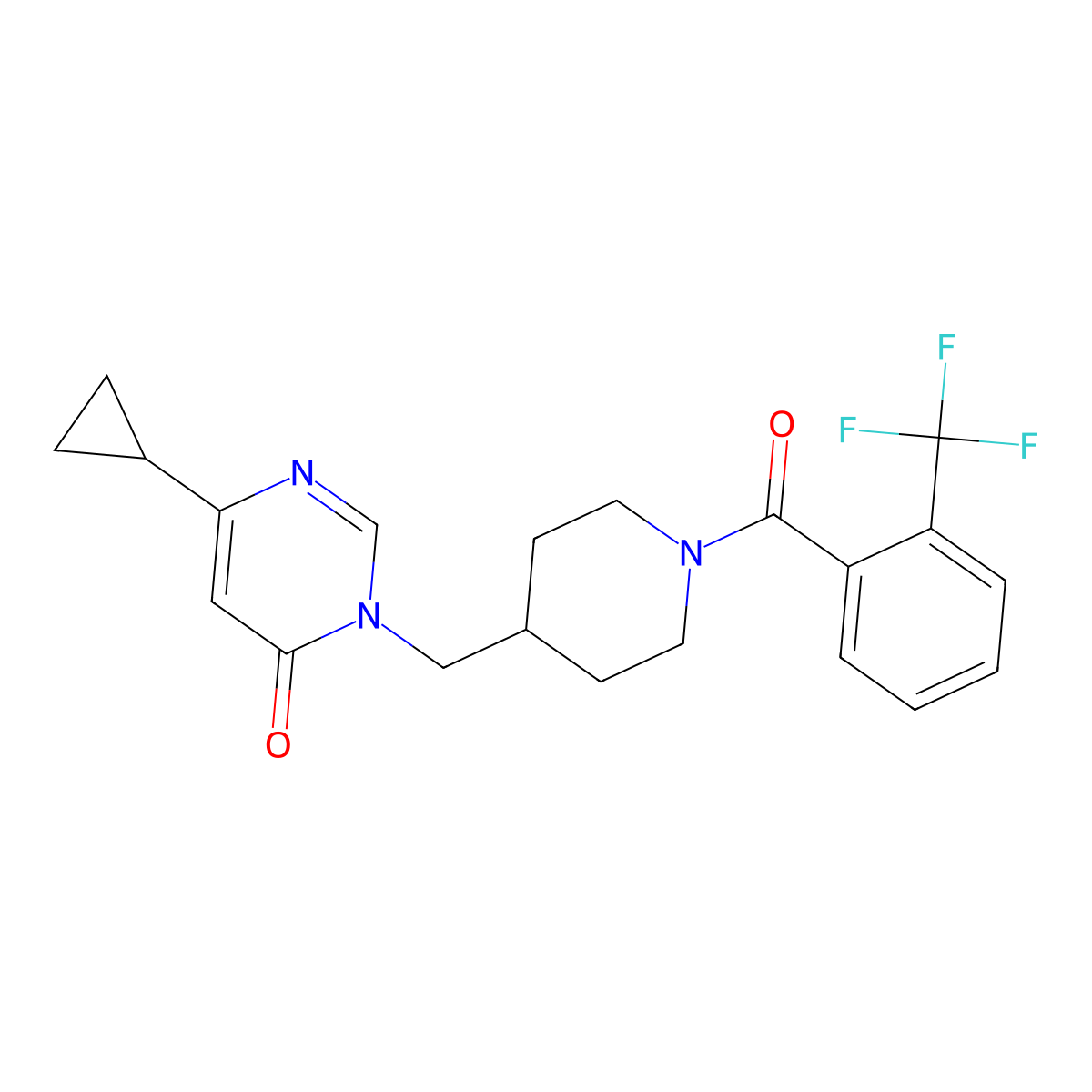 6-Cyclopropyl-3-({1-[2-(trifluoromethyl)benzoyl]piperidin-4-yl}methyl)-3,4-dihydropyrimidin-4-one molecular structure, CAS 2202085-15-0