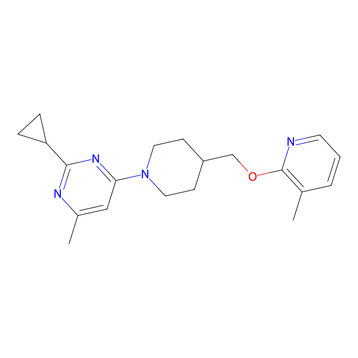 2-Cyclopropyl-4-methyl-6-(4-{[(3-methylpyridin-2-yl)oxy]methyl}piperidin-1-yl)pyrimidine molecular structure, CAS 2202087-70-3