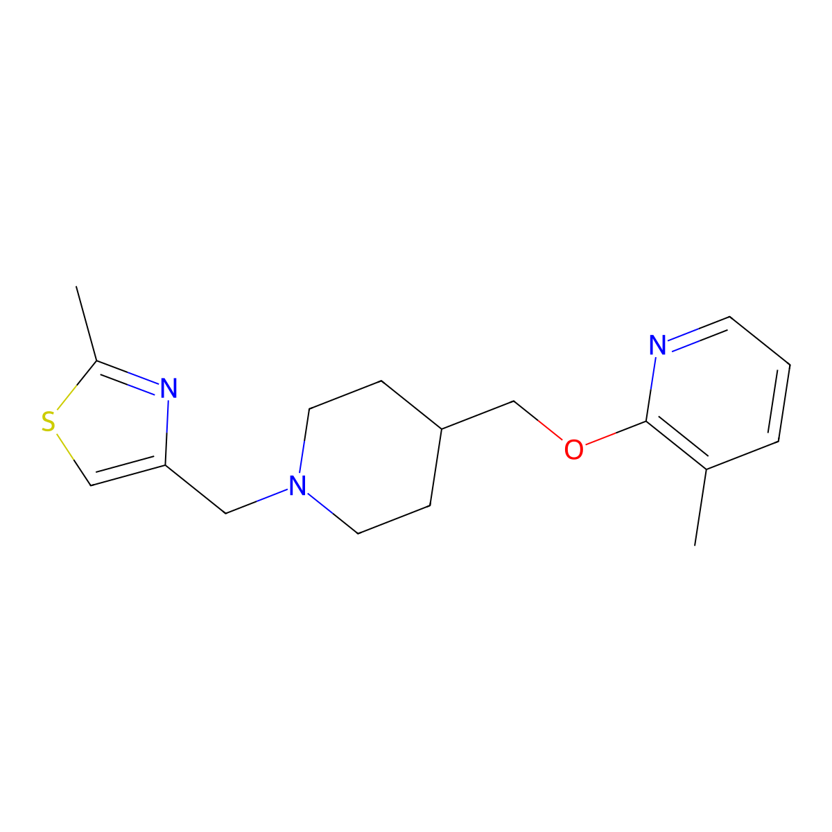 3-Methyl-2-({1-[(2-methyl-1,3-thiazol-4-yl)methyl]piperidin-4-yl}methoxy)pyridine molecular structure, CAS 2202117-86-8