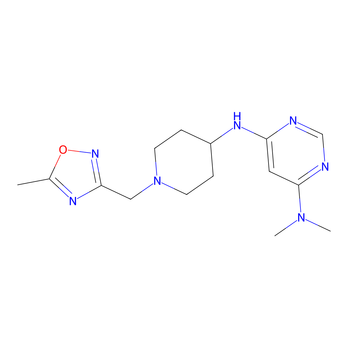 N4,N4-dimethyl-N6-{1-[(5-methyl-1,2,4-oxadiazol-3-yl)methyl]piperidin-4-yl}pyrimidine-4,6-diamine molecular structure, CAS 2202166-02-5