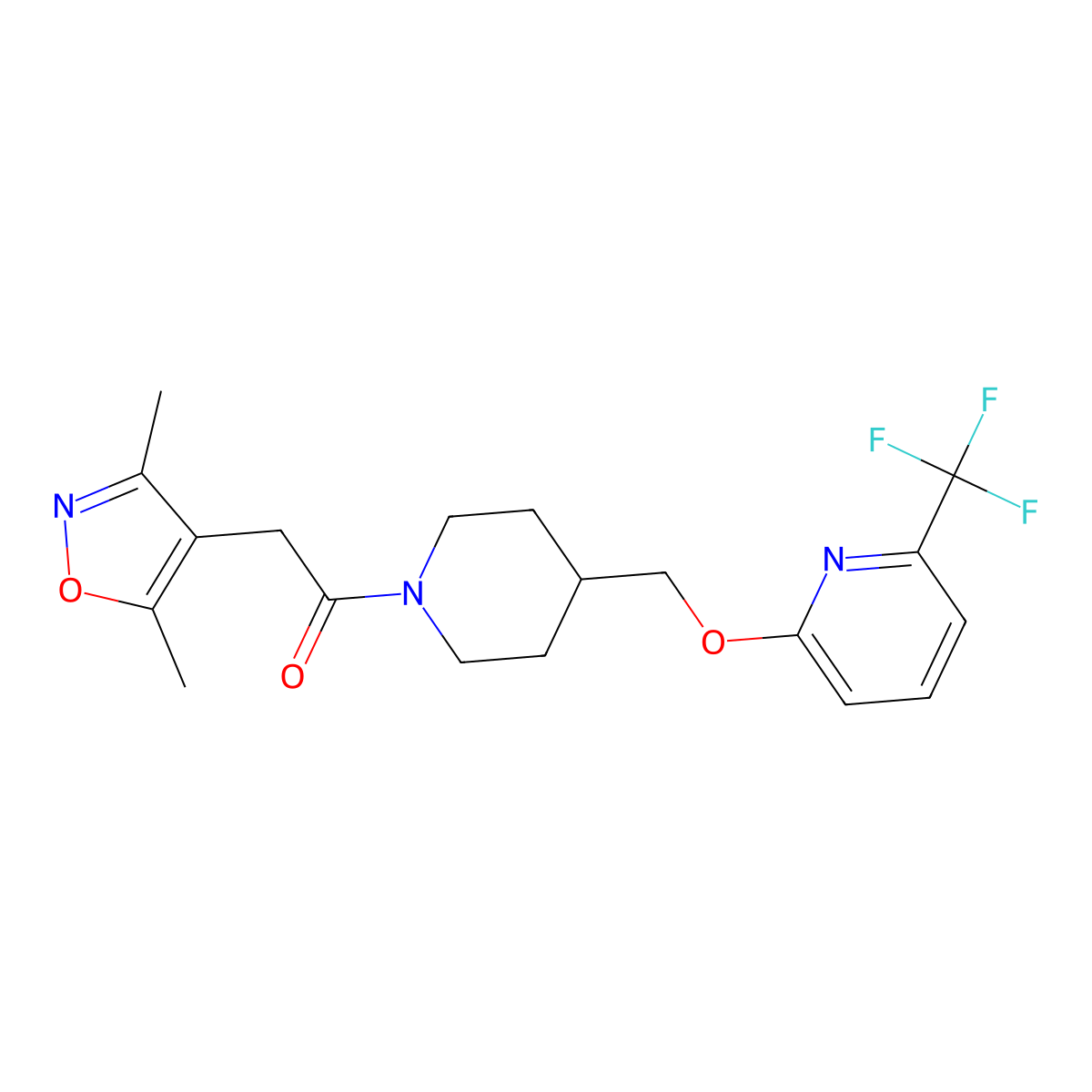 2-(3,5-Dimethyl-1,2-oxazol-4-yl)-1-[4-({[6-(trifluoromethyl)pyridin-2-yl]oxy}methyl)piperidin-1-yl]ethan-1-one molecular structure, CAS 2202168-51-0