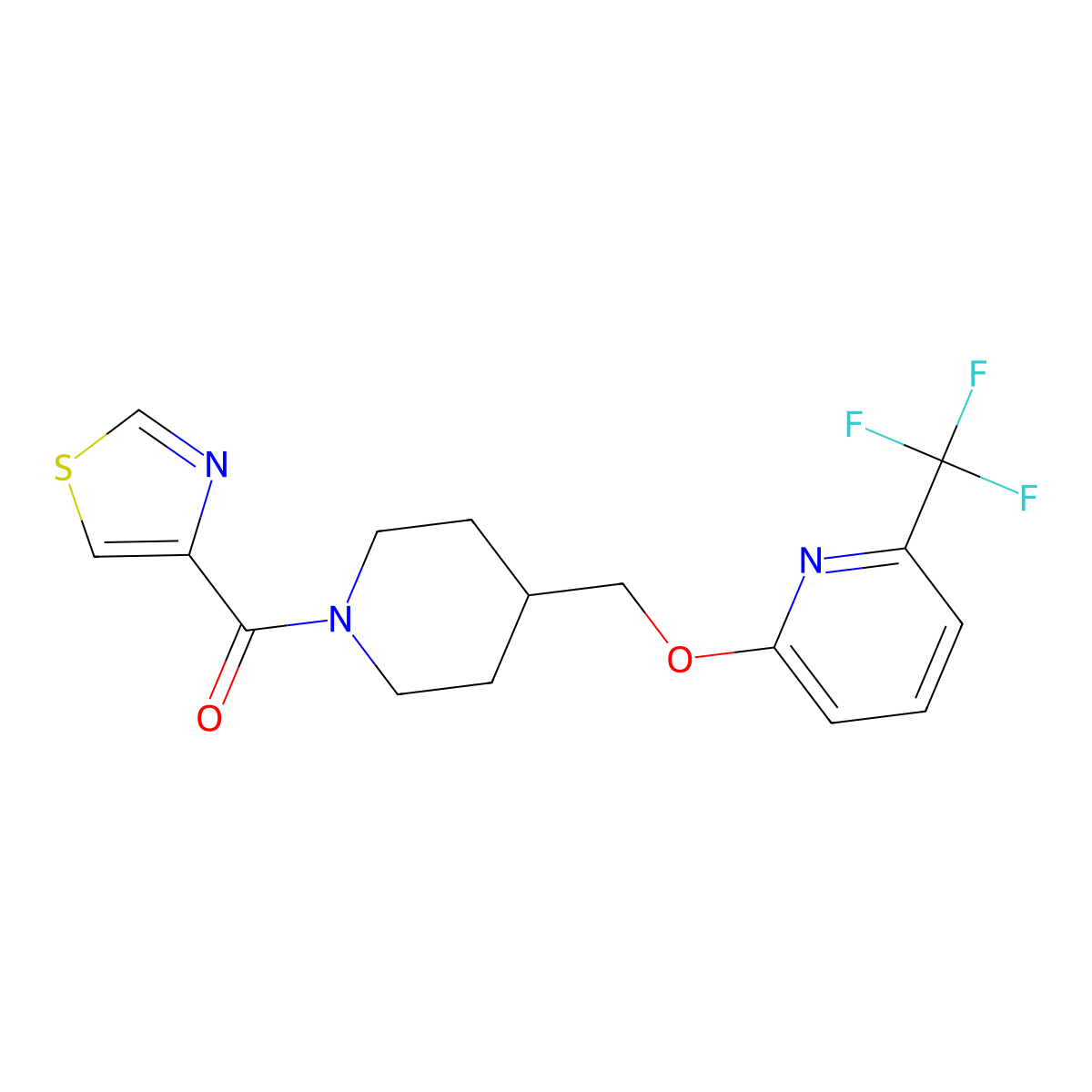 2-{[1-(1,3-Thiazole-4-carbonyl)piperidin-4-yl]methoxy}-6-(trifluoromethyl)pyridine molecular structure, CAS 2202201-75-8