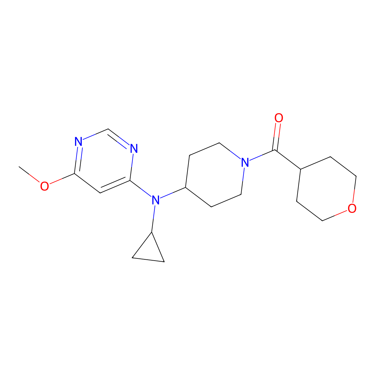 N-cyclopropyl-6-methoxy-N-[1-(oxane-4-carbonyl)piperidin-4-yl]pyrimidin-4-amine molecular structure, CAS 2202210-19-1