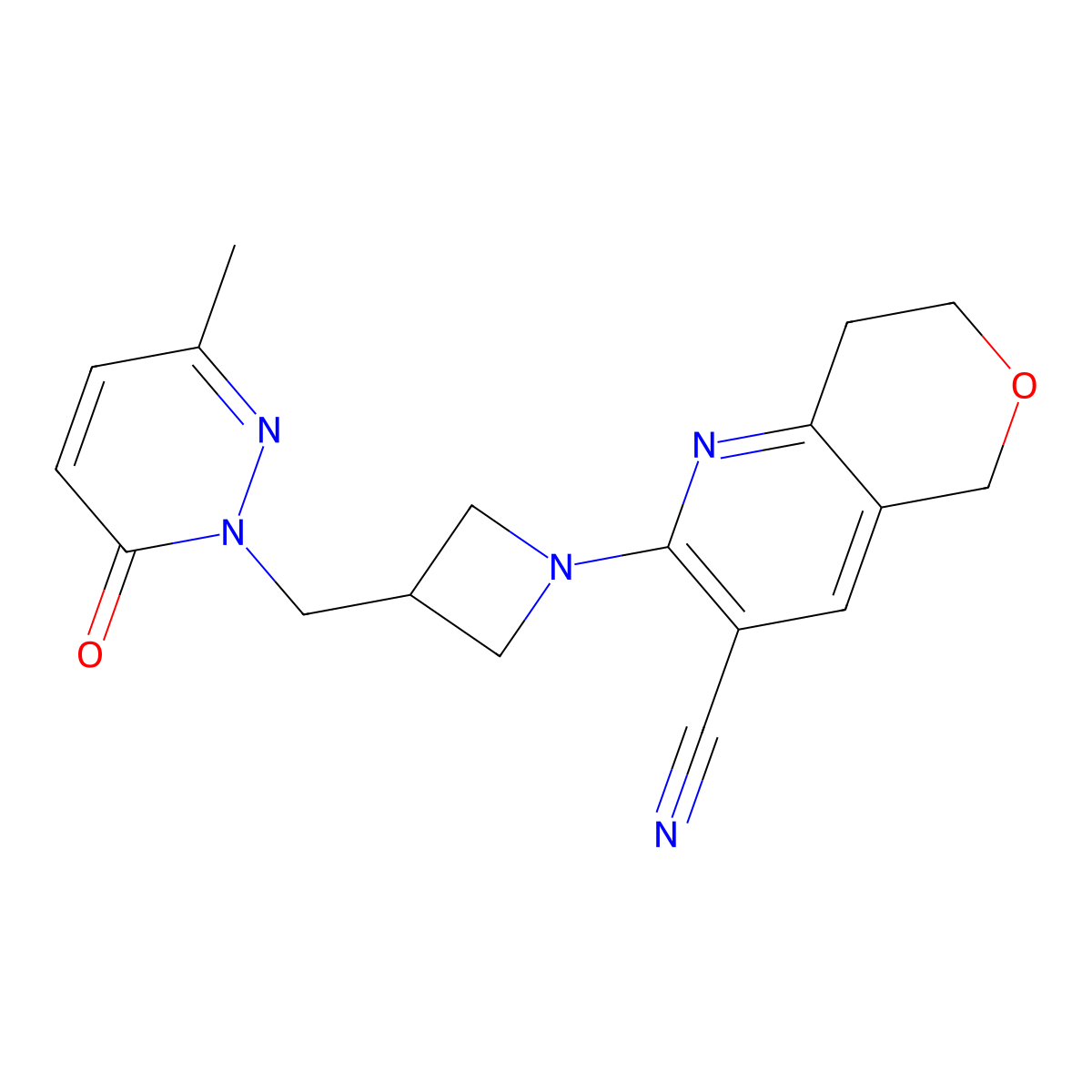 2-{3-[(3-methyl-6-oxo-1,6-dihydropyridazin-1-yl)methyl]azetidin-1-yl}-5H,7H,8H-pyrano[4,3-b]pyridine-3-carbonitrile molecular structure, CAS 2202259-99-0